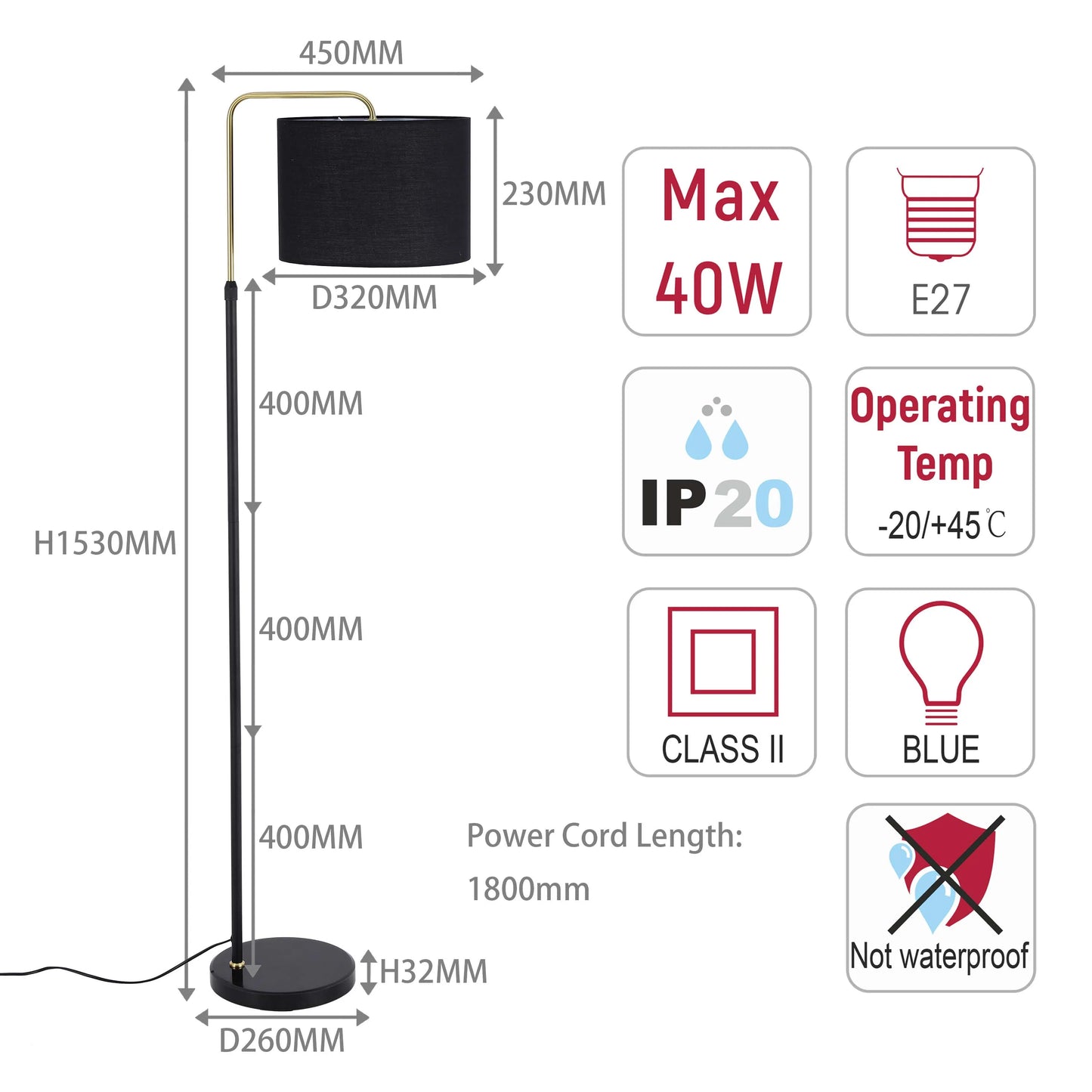 Black and Gold Floor Lamp – E27 Fitting, 1530mm Height, Dimmable