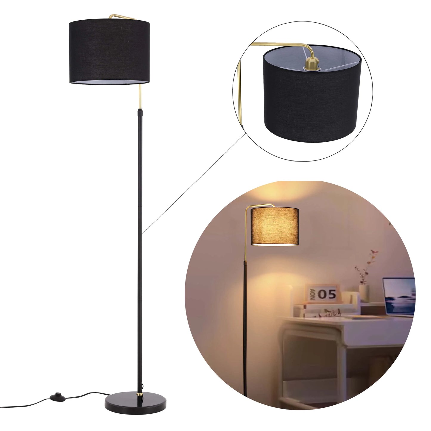 Black and Gold Floor Lamp – E27 Fitting, 1530mm Height, Dimmable