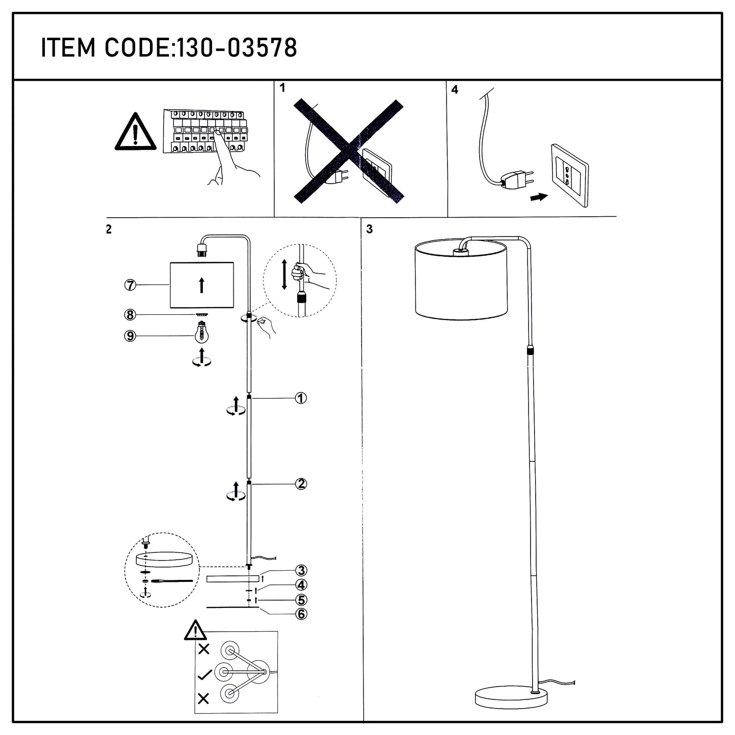 Black and Gold Floor Lamp – E27 Fitting, 1530mm Height, Dimmable
