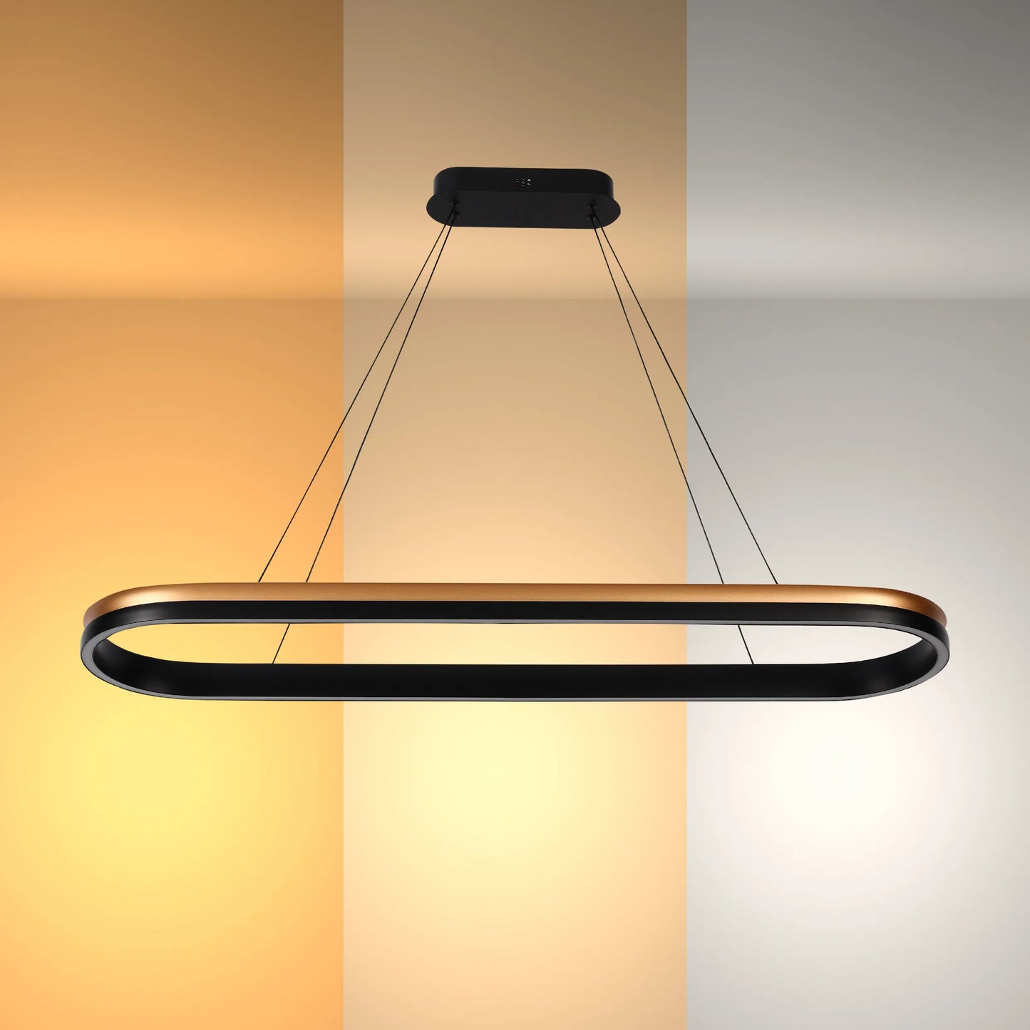 A black and bronze LED pendant light illuminating three different warm white hues.