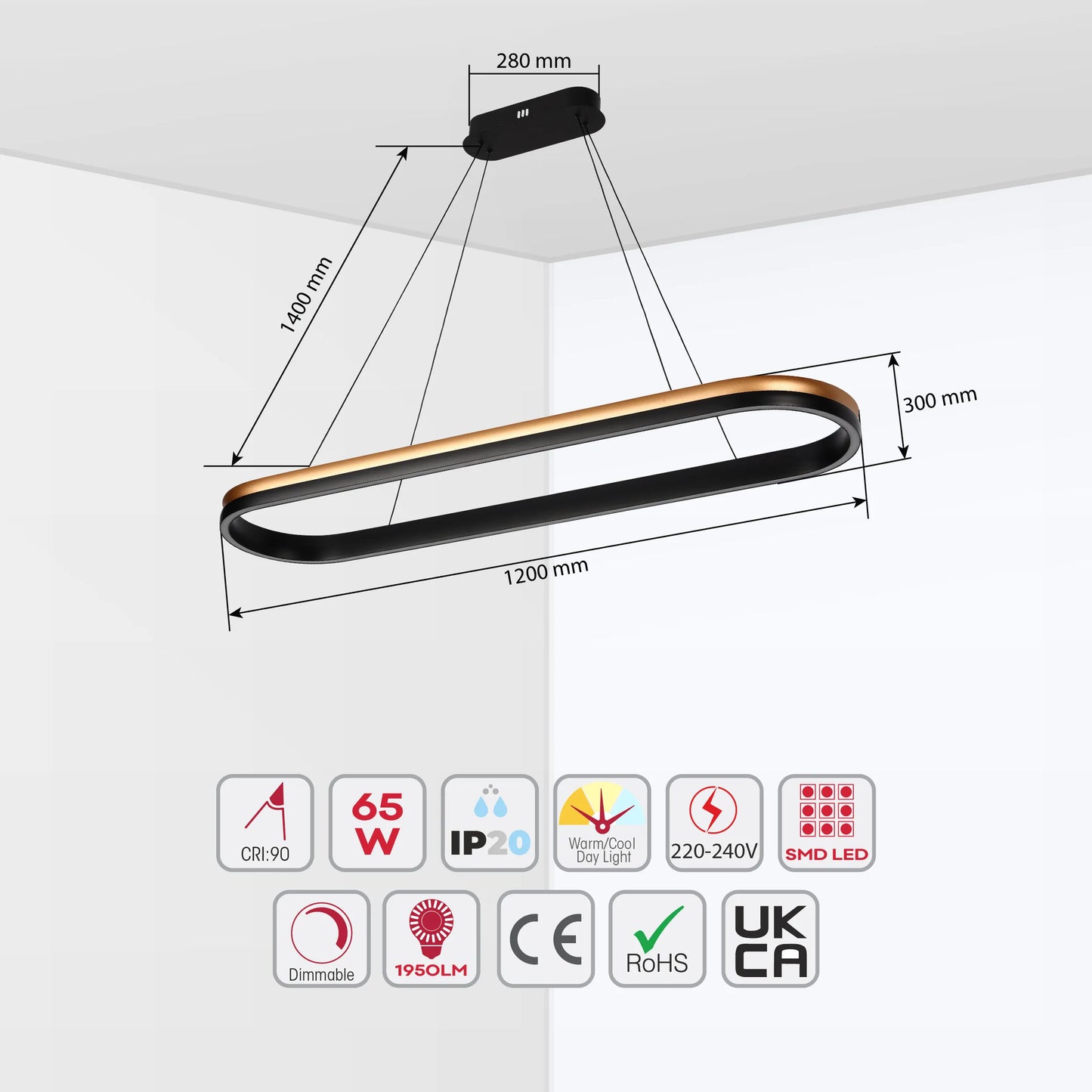 A modern, oval shaped LED pendant light. It's a sleek design, perfect for adding a stylish touch to any room.