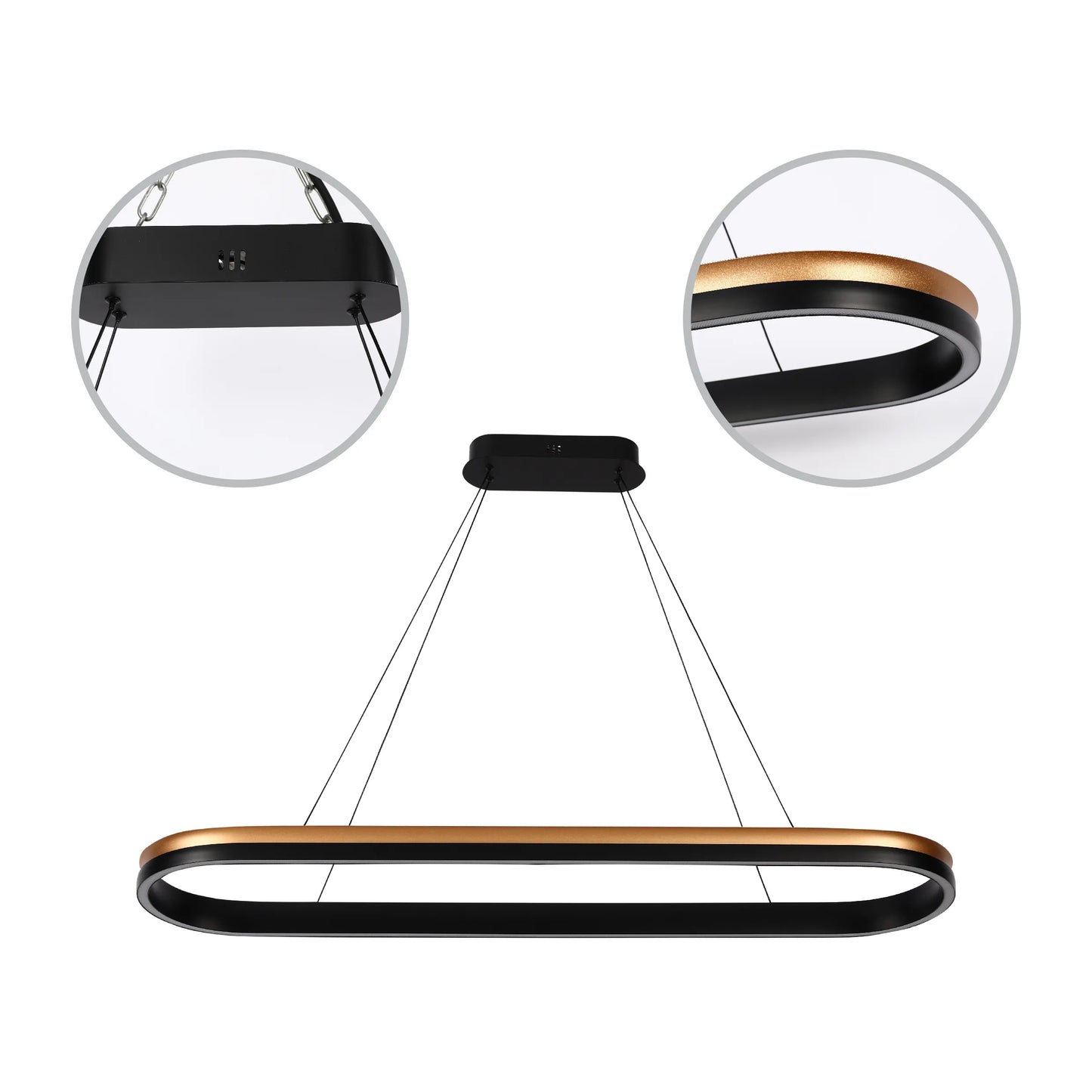 Modern LED chandelier with a black and gold finish. Suspended by thin wires from a rectangular ceiling mount.