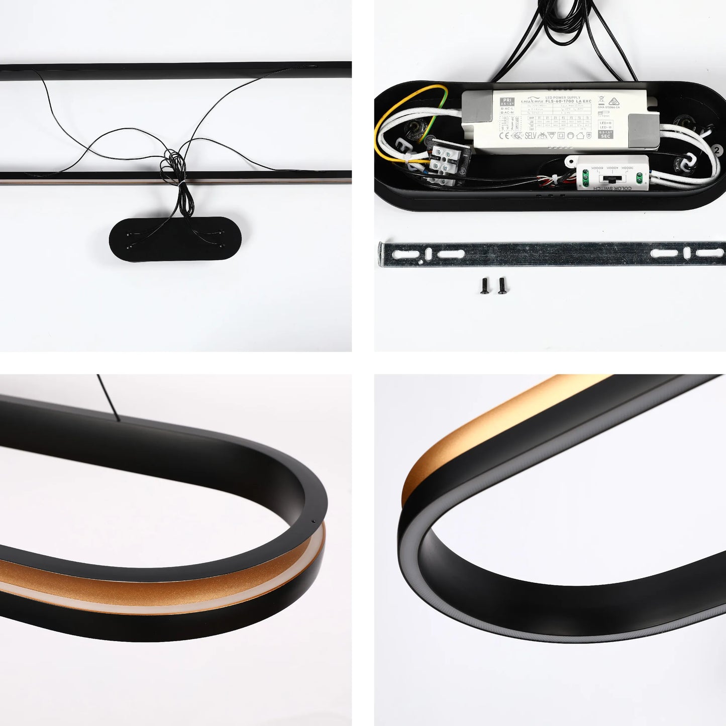 Modern loop lighting. Black & brass finish. Adjustable colour settings. Close-up of power supply & fixings.