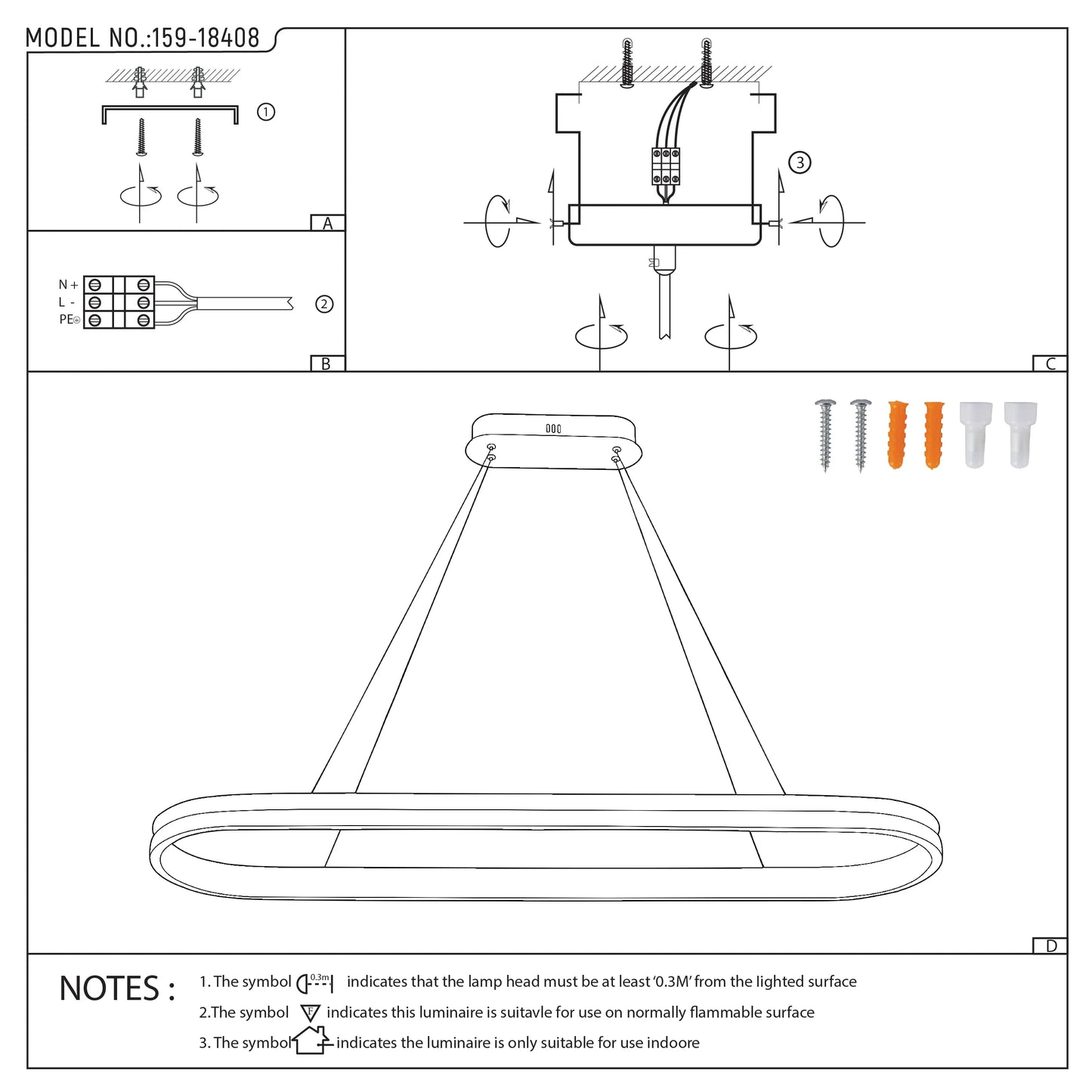 An installation diagram for a modern LED pendant light, showing the wiring and fixture assembly steps.