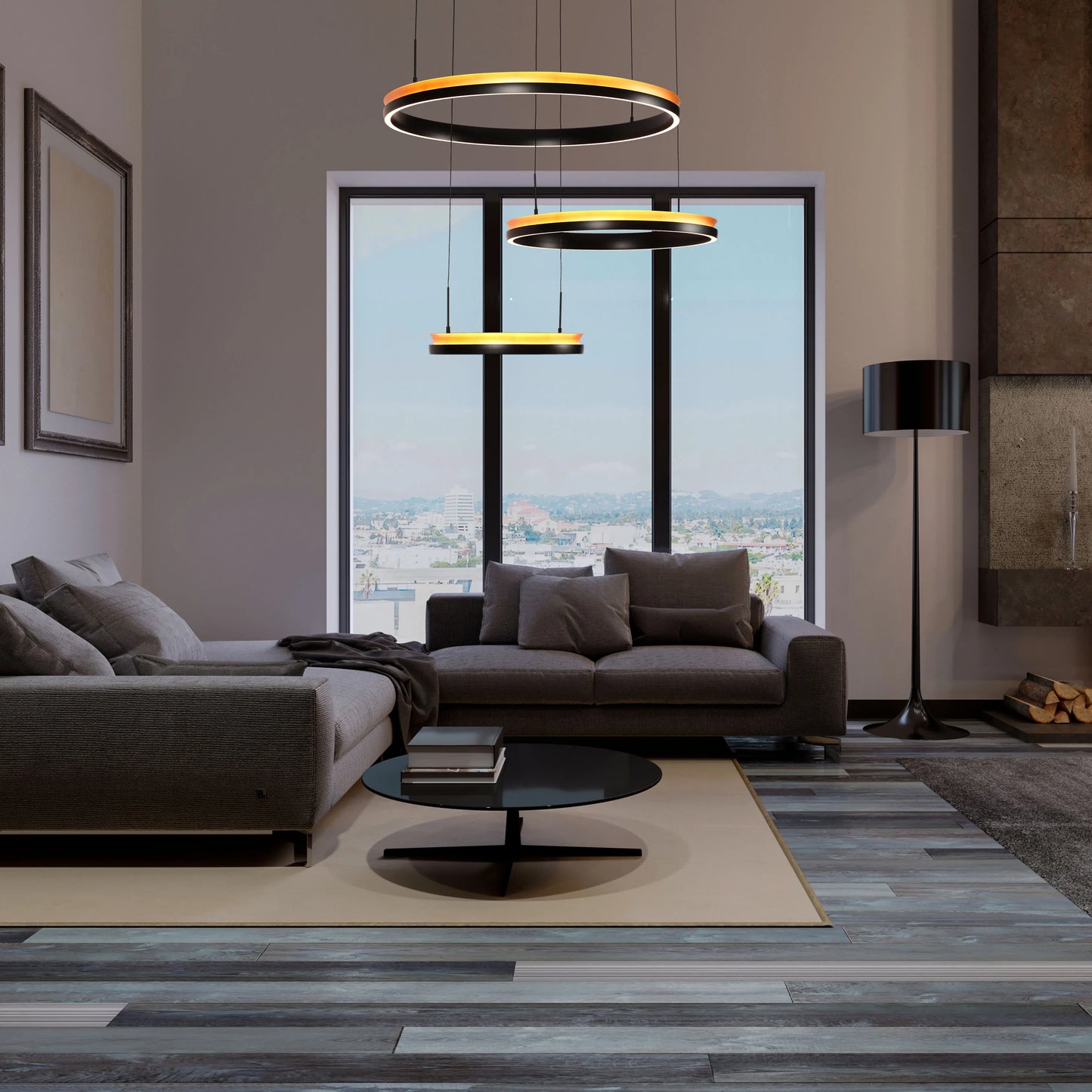 Statement pendant lights illuminate a modern living space, adding a warm glow to the room.