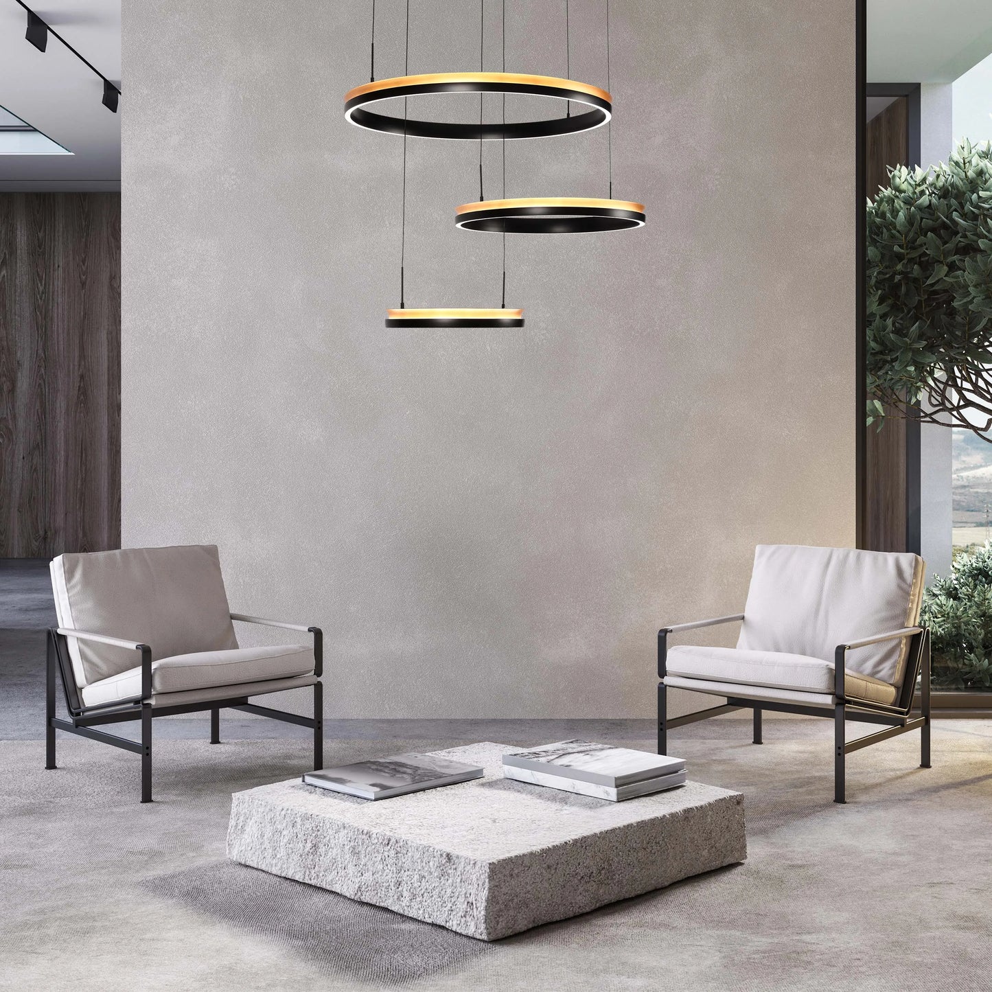 Contemporary room with stylish, circular pendant lights in black and wood finish, suspended above a stone coffee table.