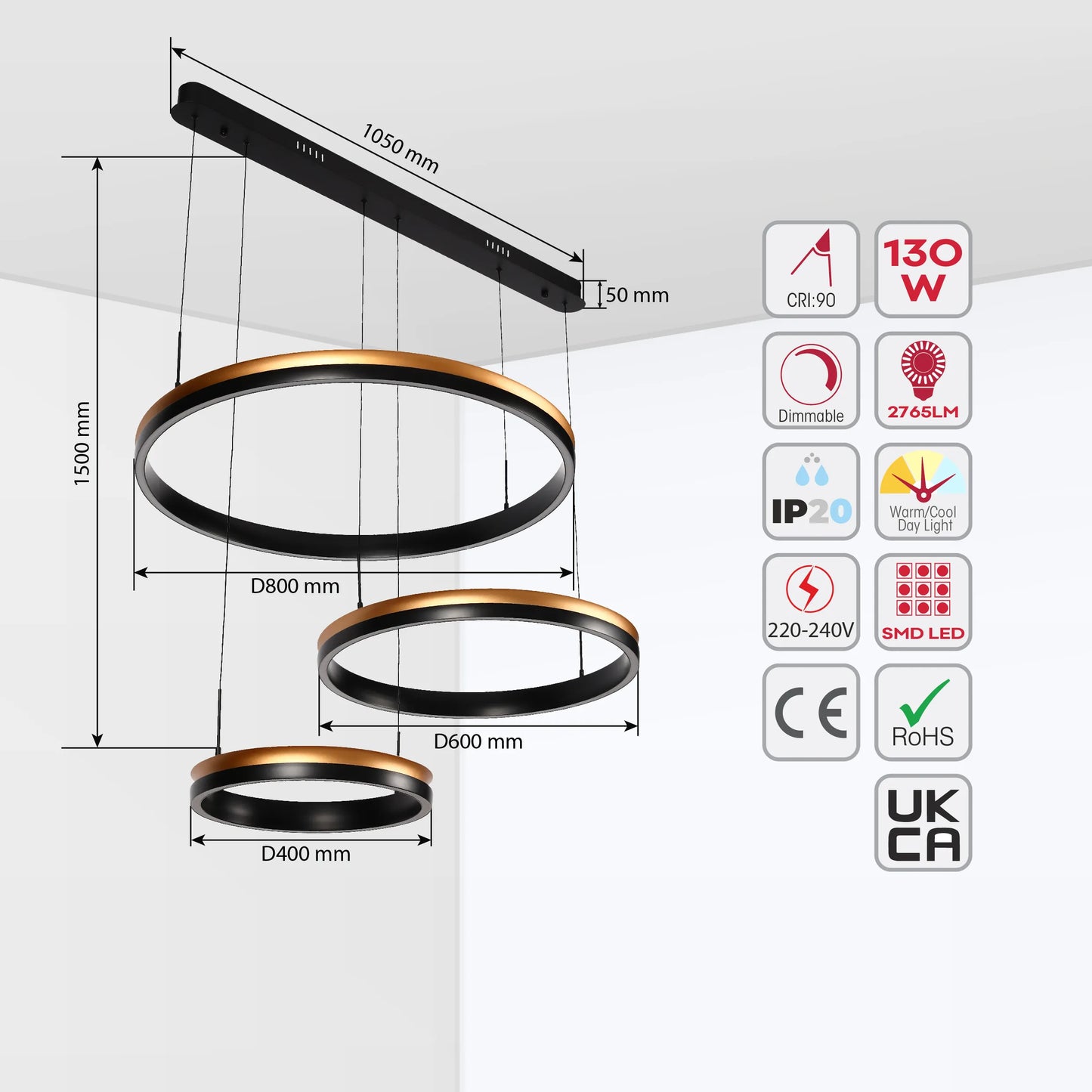 A contemporary three ring LED pendant light with black and gold finish. Dimensions marked in millimetres.
