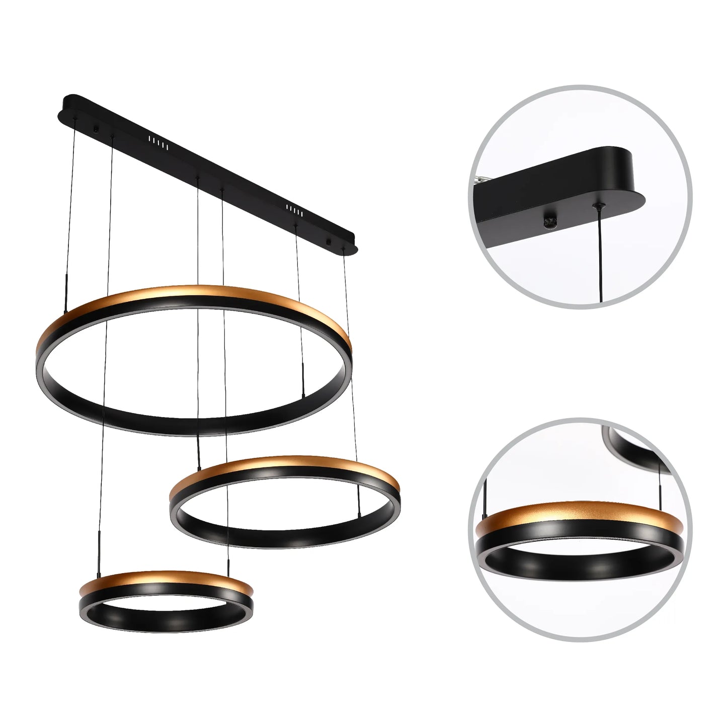 A modern black and gold multi-ring pendant light, suspended from a sleek black bar.
