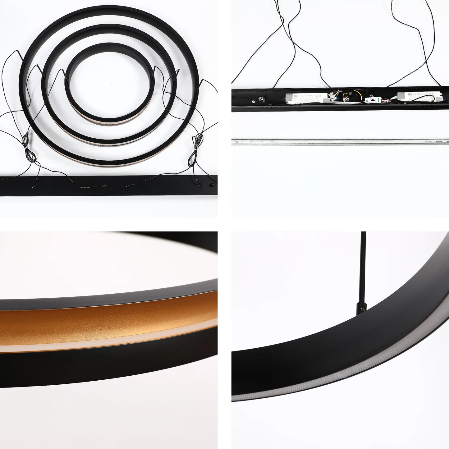 A contemporary black multi-ring pendant light, with a golden internal finish, creating a stylish focal point.