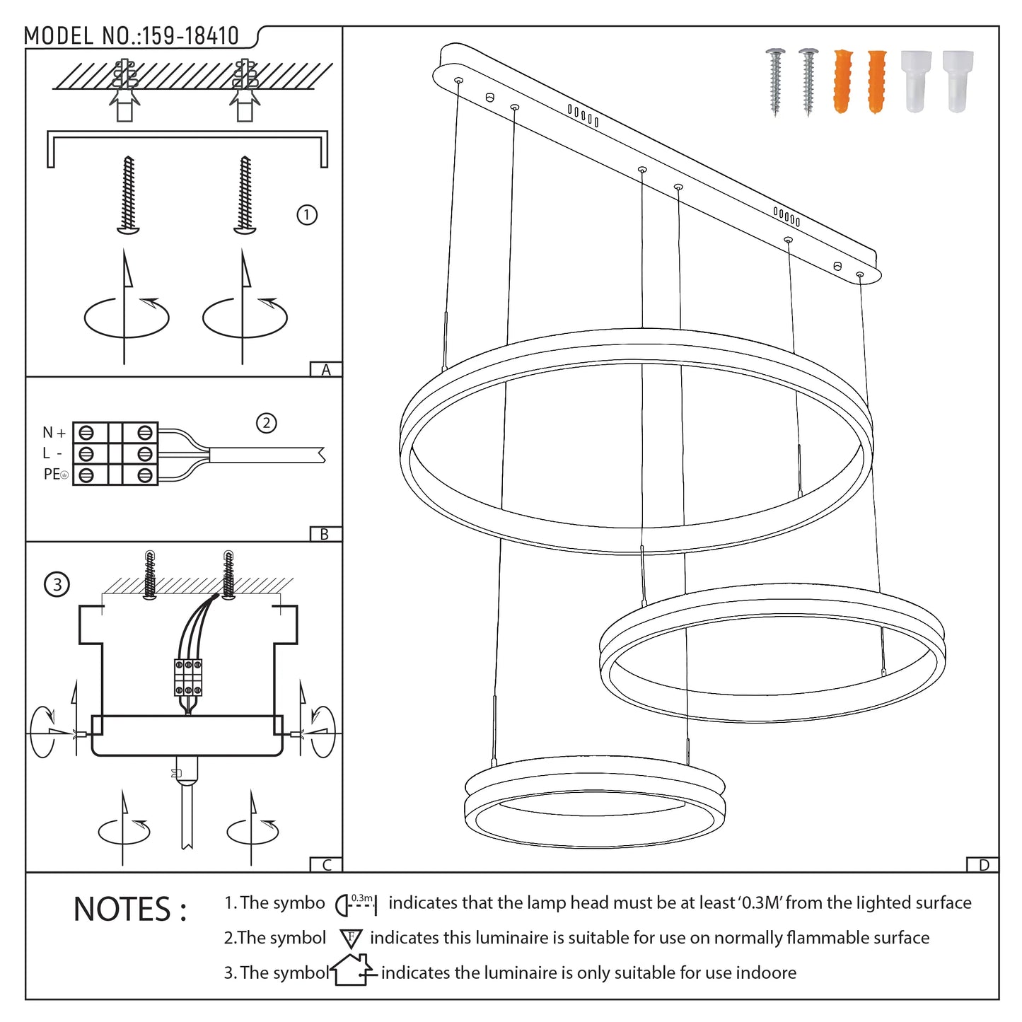 A contemporary pendant light featuring three illuminated rings suspended at varying heights from a rectangular ceiling mount.
