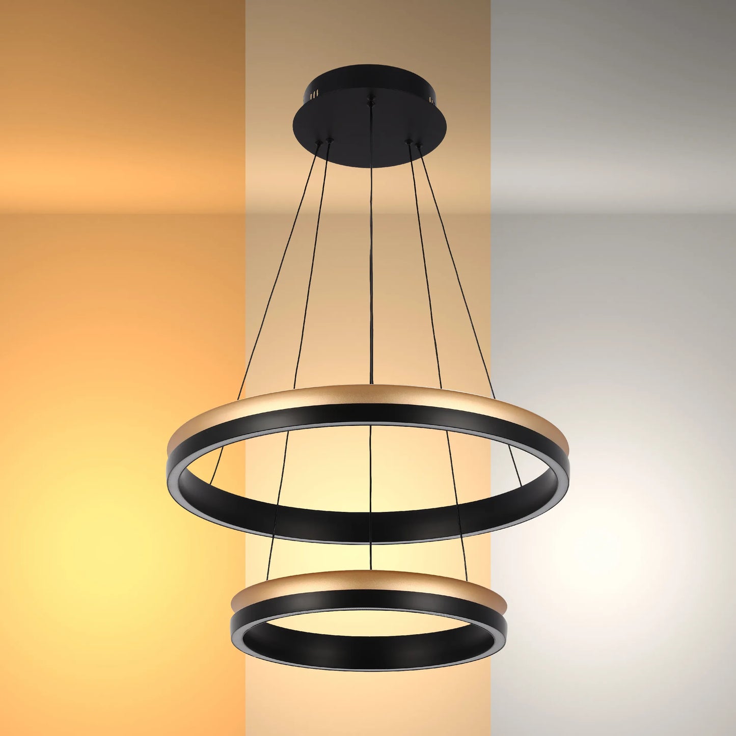 A modern, dual-ring black and gold LED pendant light fixture, suspended by thin cables.