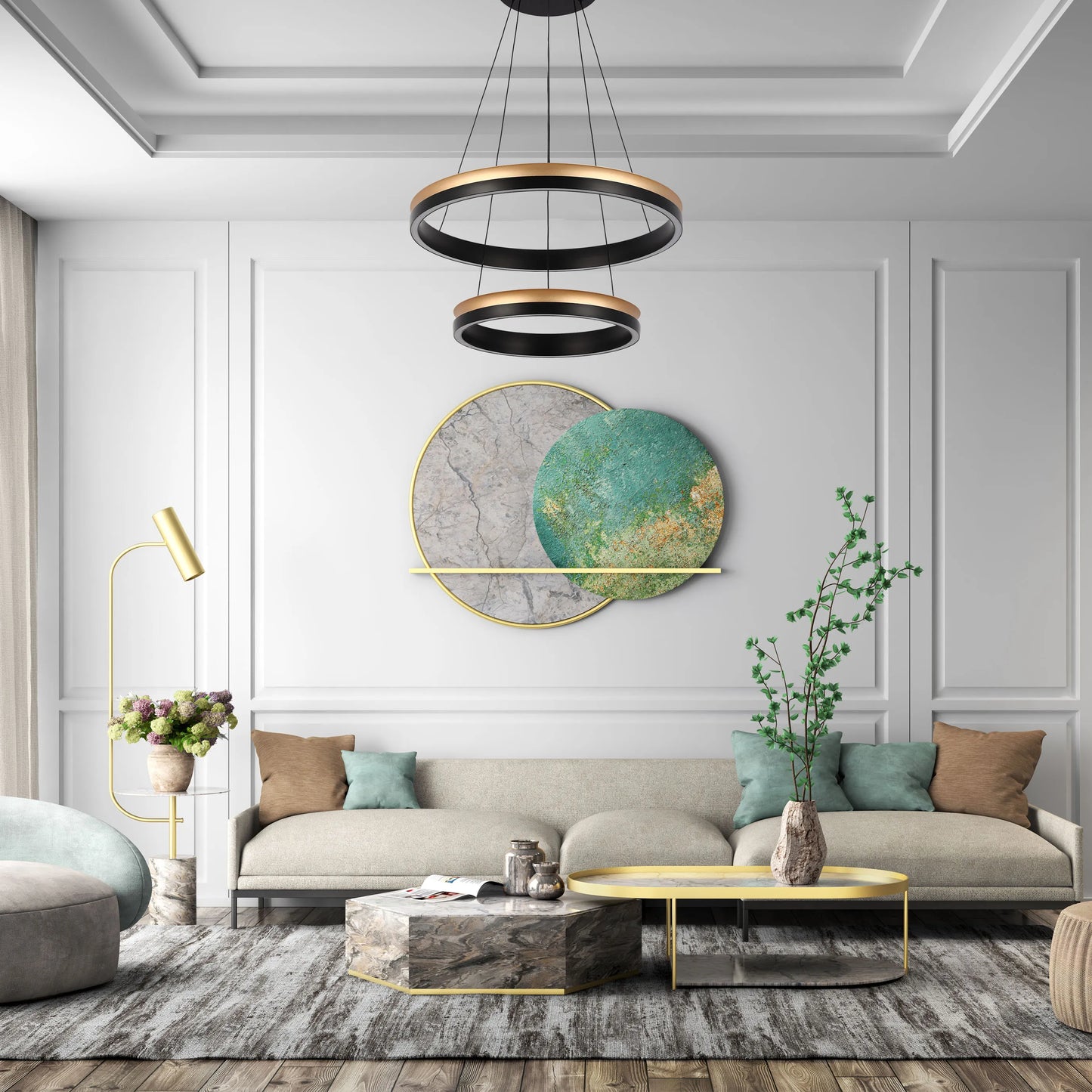 A modern living room featuring a striking two-tier ring chandelier with black and gold accents, complemented by a matching floor lamp.