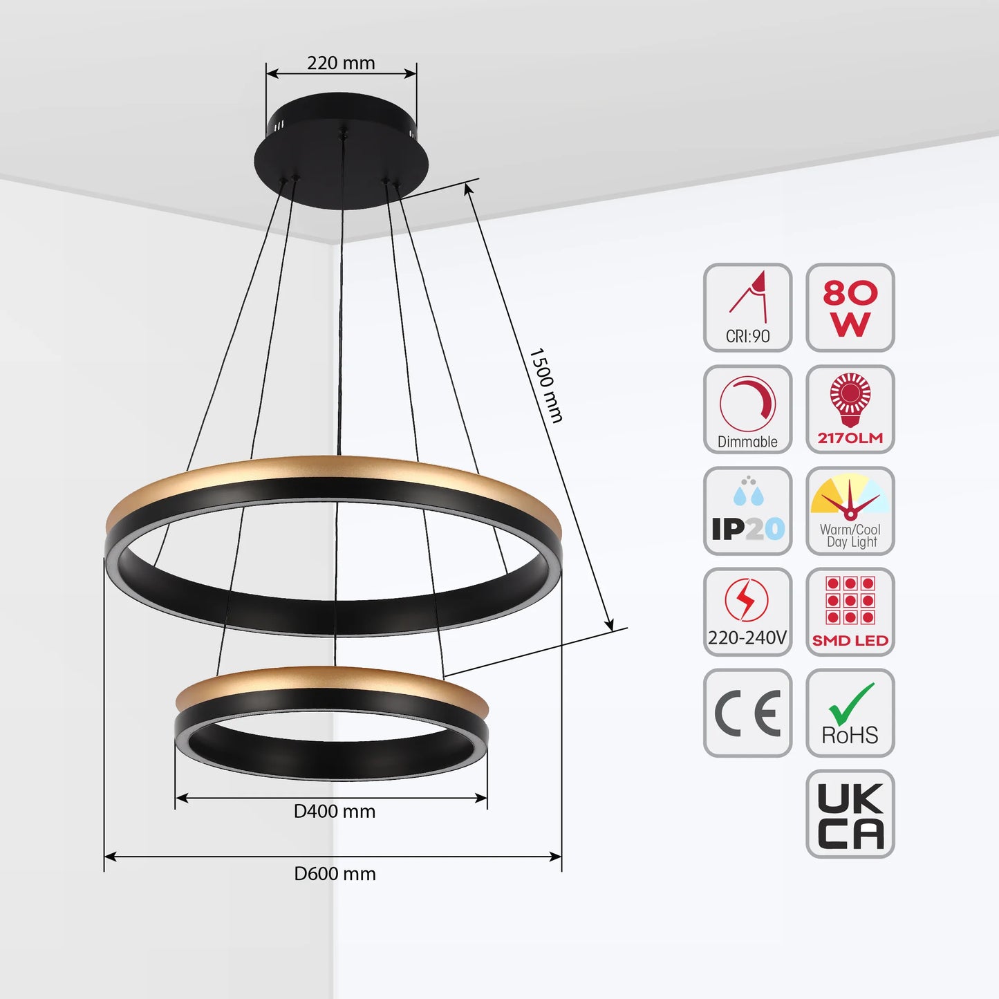 Contemporary ring pendant light in black and gold finish. Measurements and technical details are included.