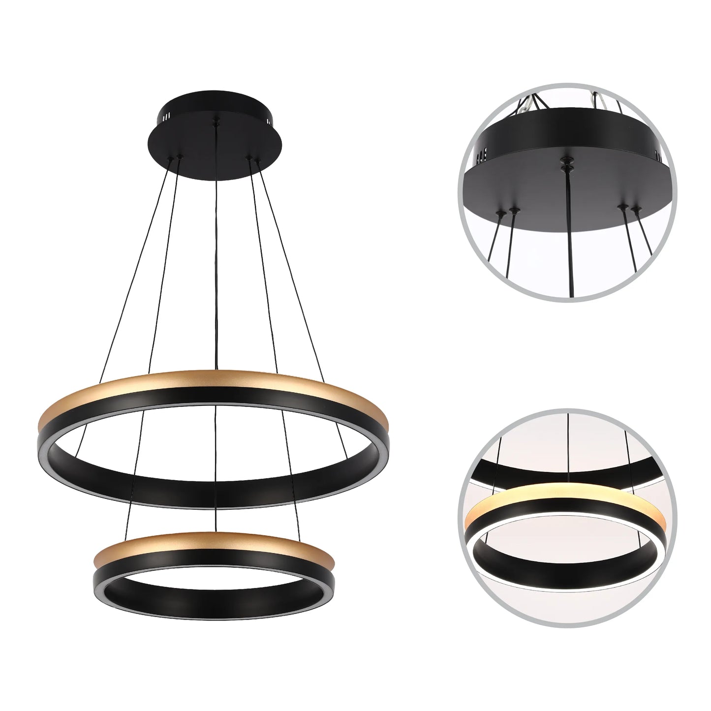 A two-tiered LED ring chandelier with a matte black finish and gold accents, suspended from a black ceiling rose.