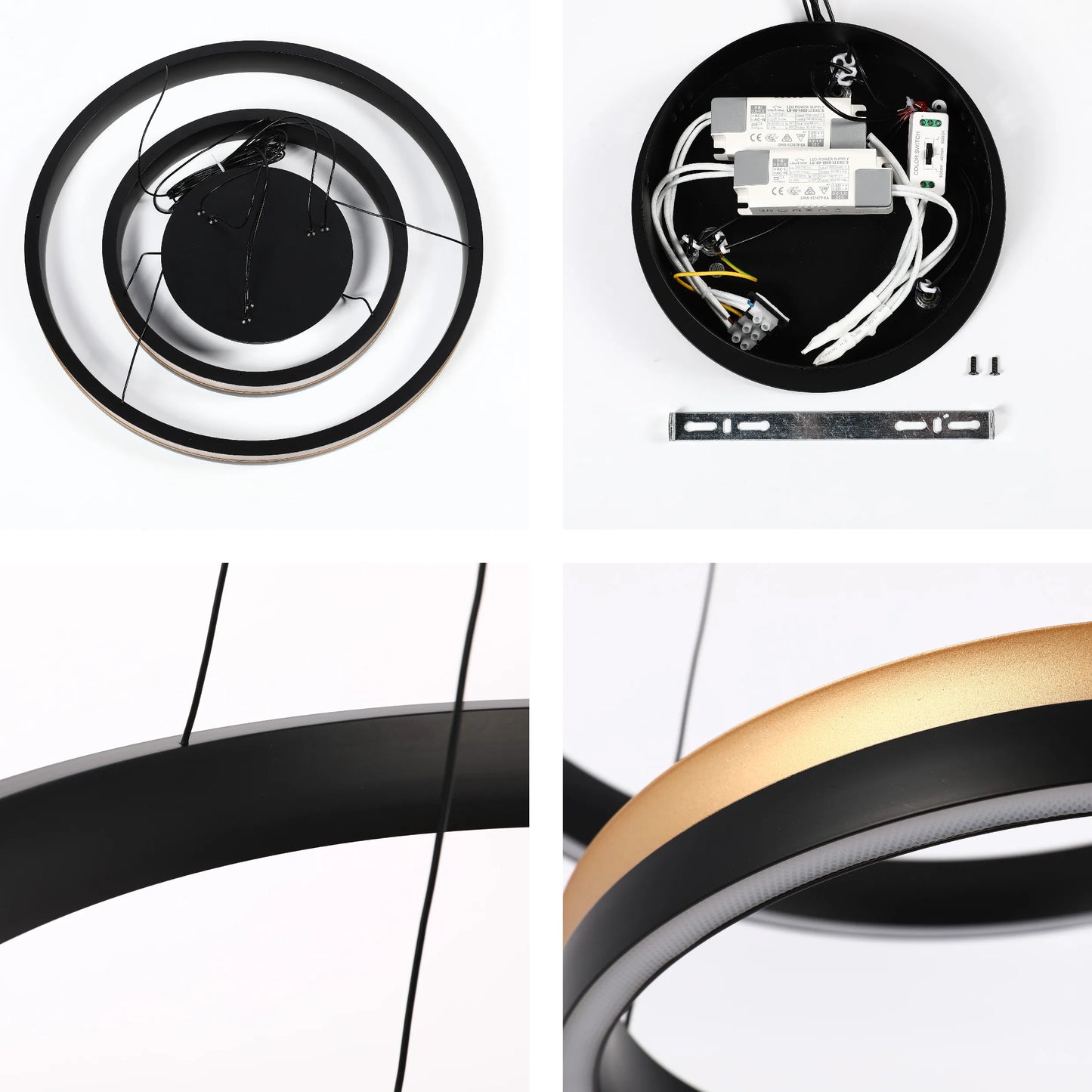 A modern, circular LED pendant light. Black and gold rings, with a colour temperature switch inside the ceiling rose.