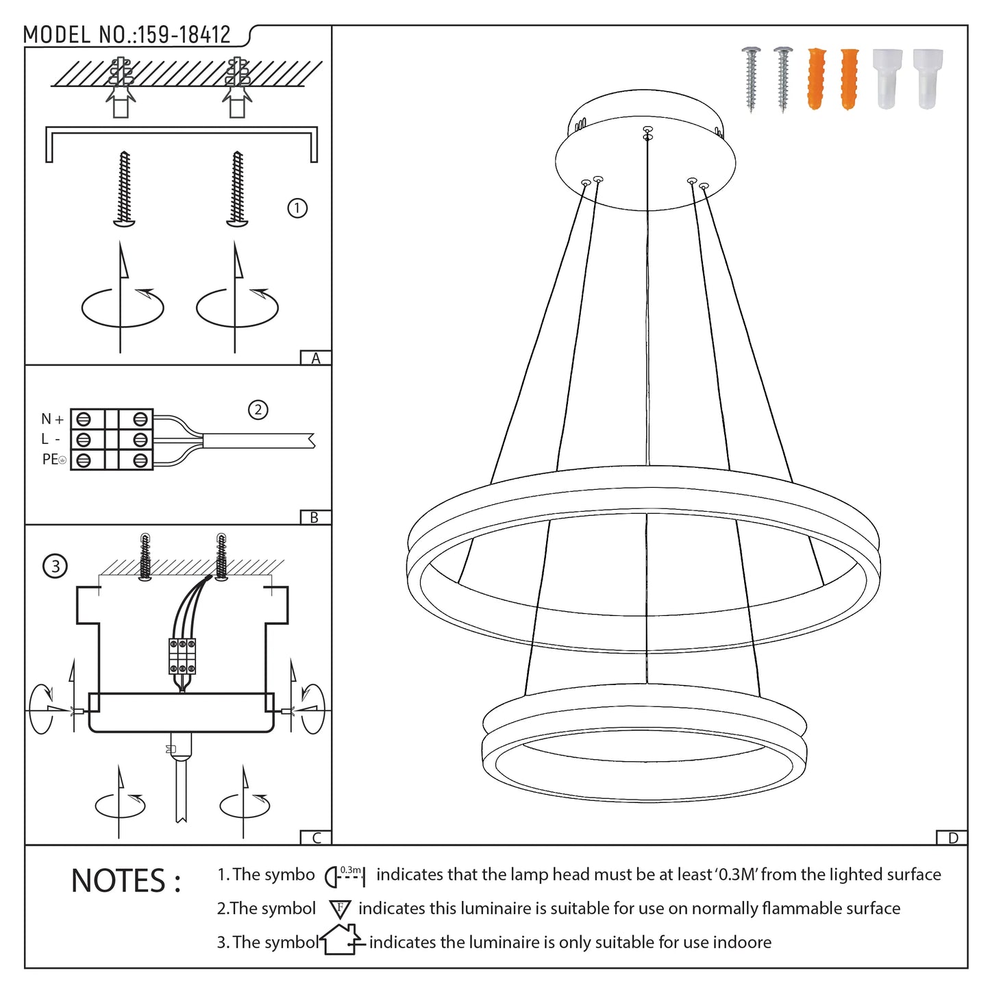 A diagram showcasing a modern ring pendant light installation, using screws and terminal connections.