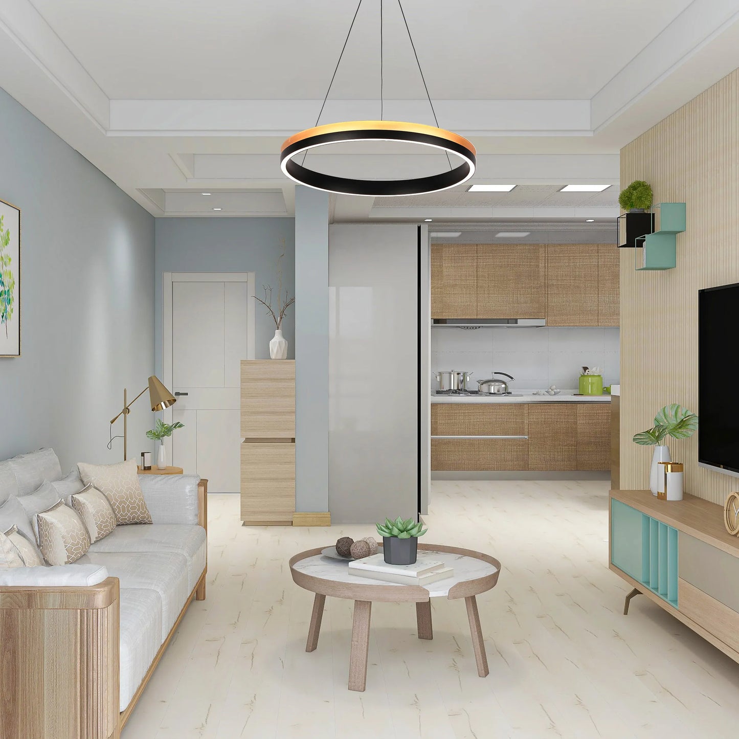 Contemporary room lighting with a unique ring-shaped pendant light, plus a classic desk lamp. Plenty of natural light floods the space.