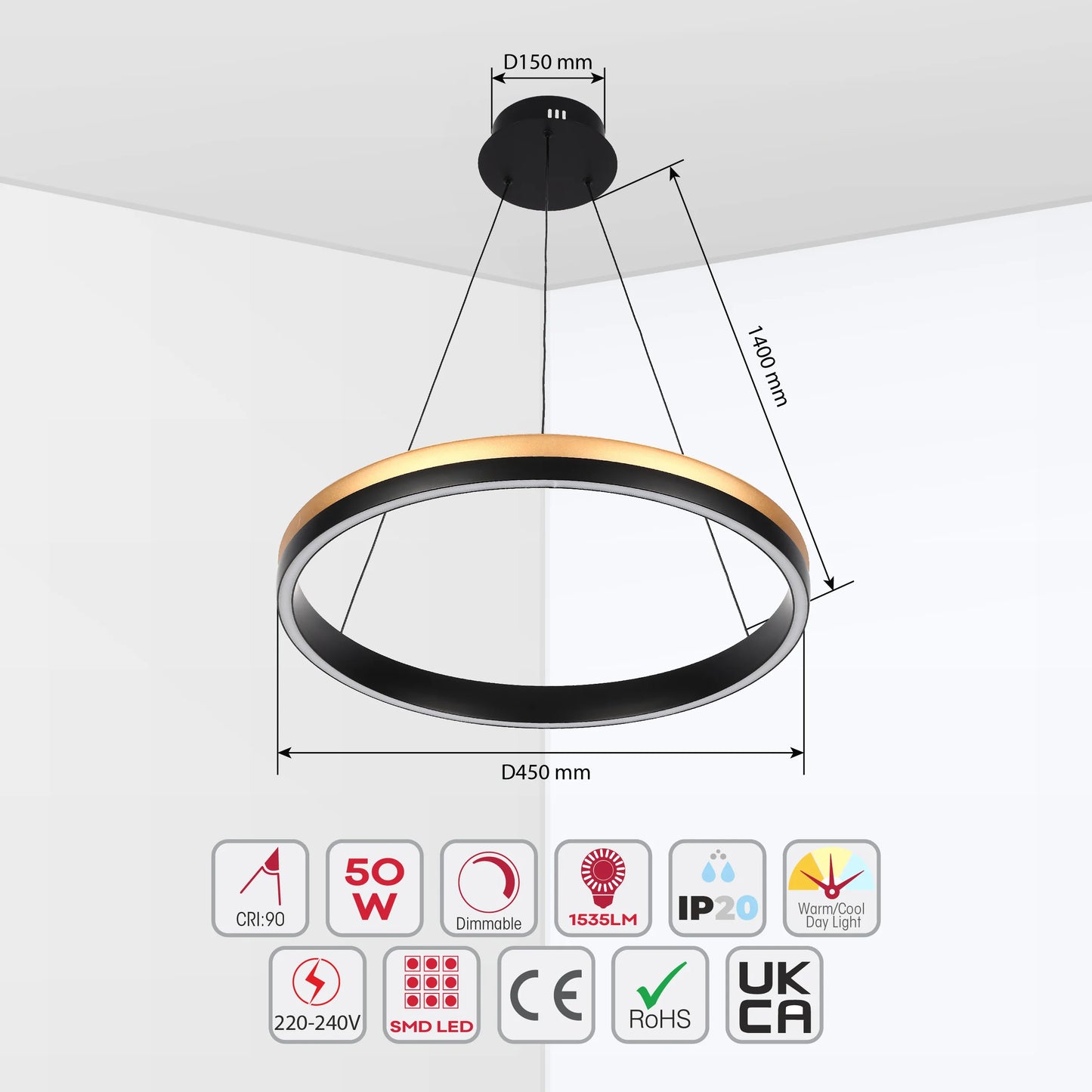 A circular LED pendant light, gold on the outside and black on the inside.