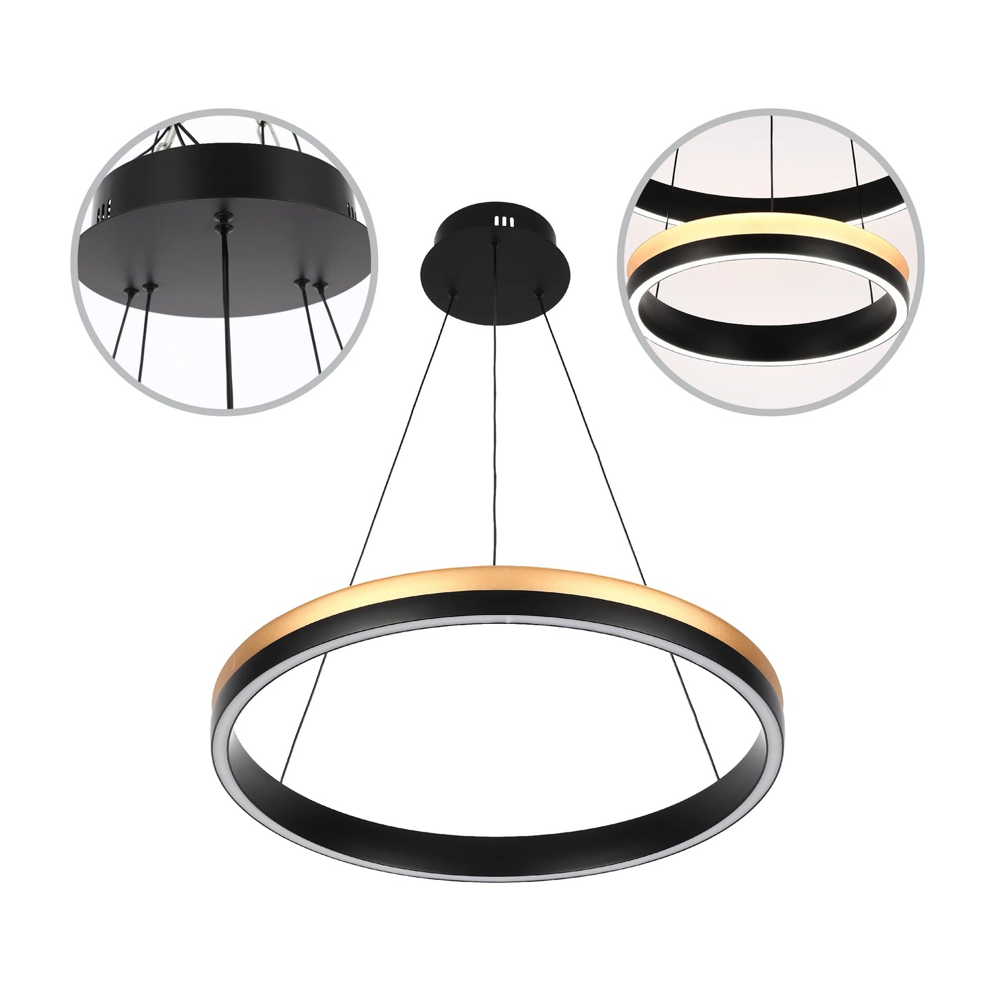 A modern circular pendant light with gold and black accents, suspended by thin cables. Sleek and contemporary design.