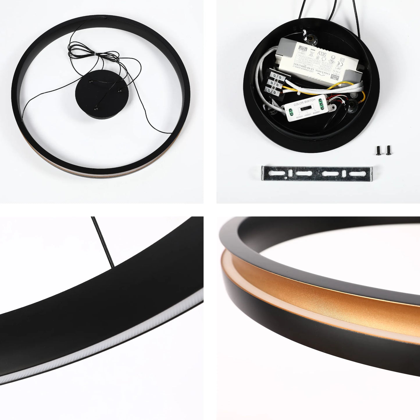 A sleek, circular LED ceiling light with a black outer ring and a warm, golden interior, offering adjustable colour temperature.