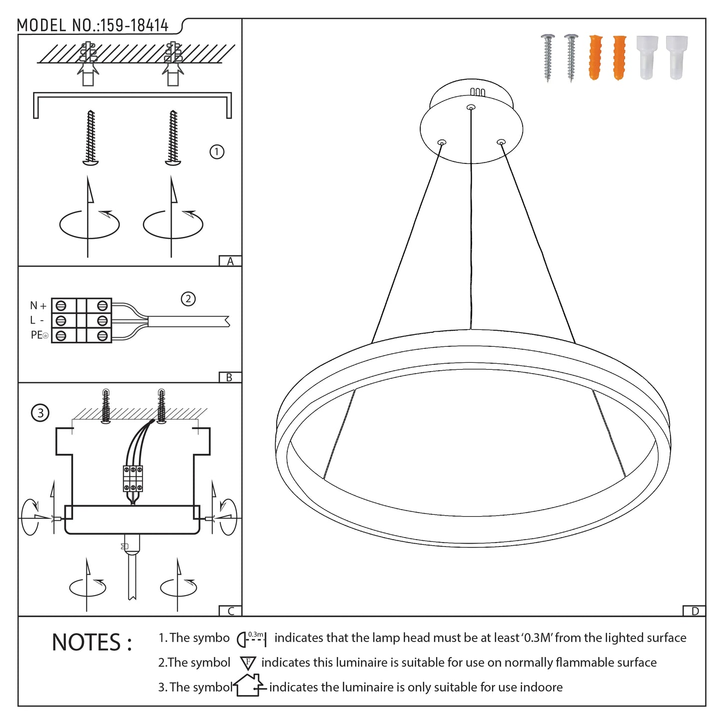 A circular pendant light is displayed in a technical diagram showing how to install the light and safety information.