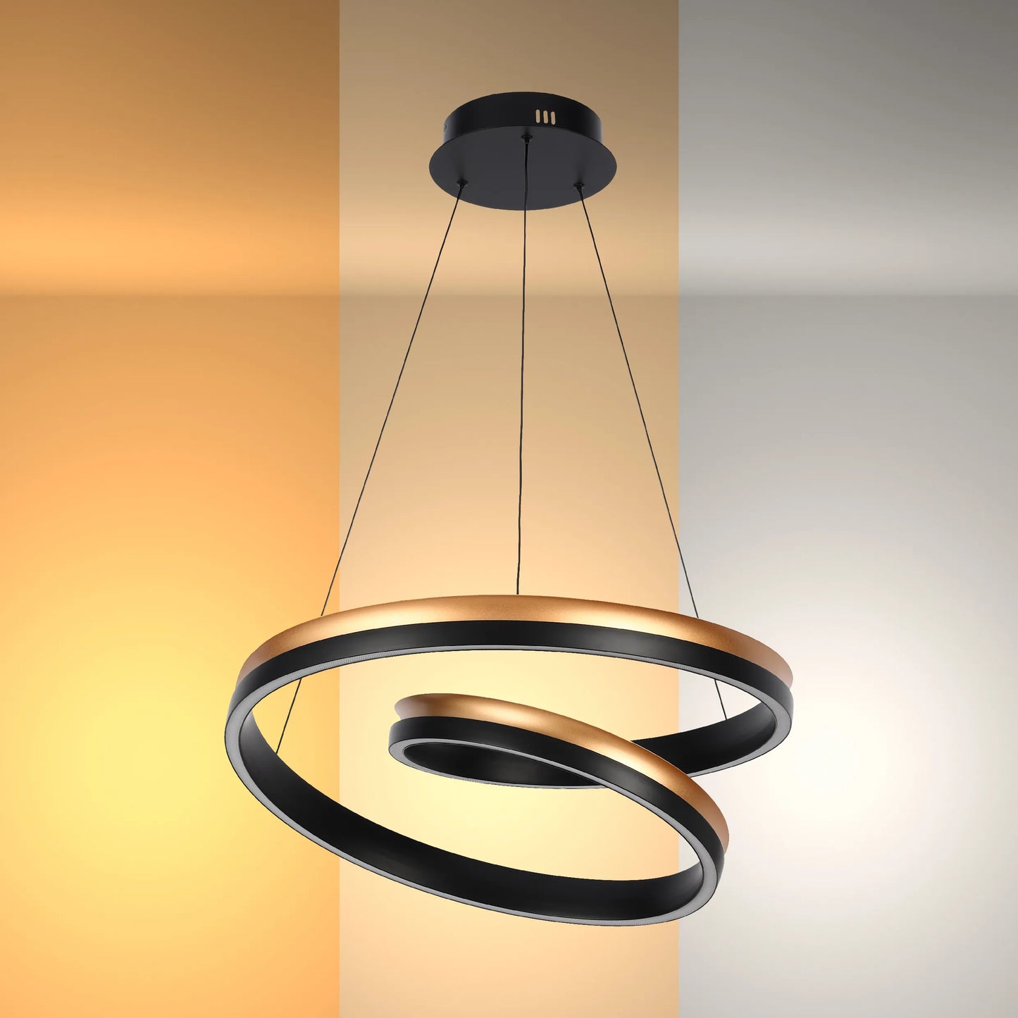 Modern LED pendant light with spiral design in black and copper, suspended from a black ceiling rose.