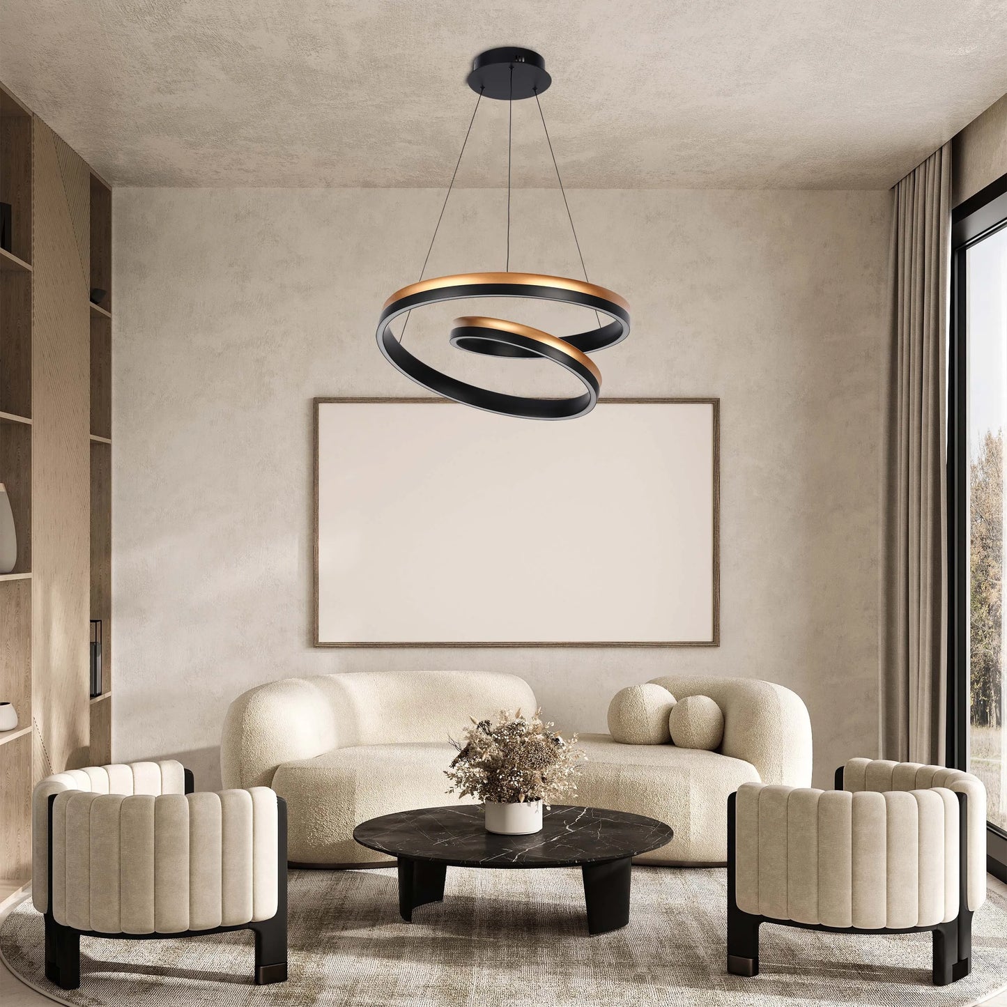 A modern ringed light fitting hangs over a cream lounge set in an elegant living room. The light is black and gold.