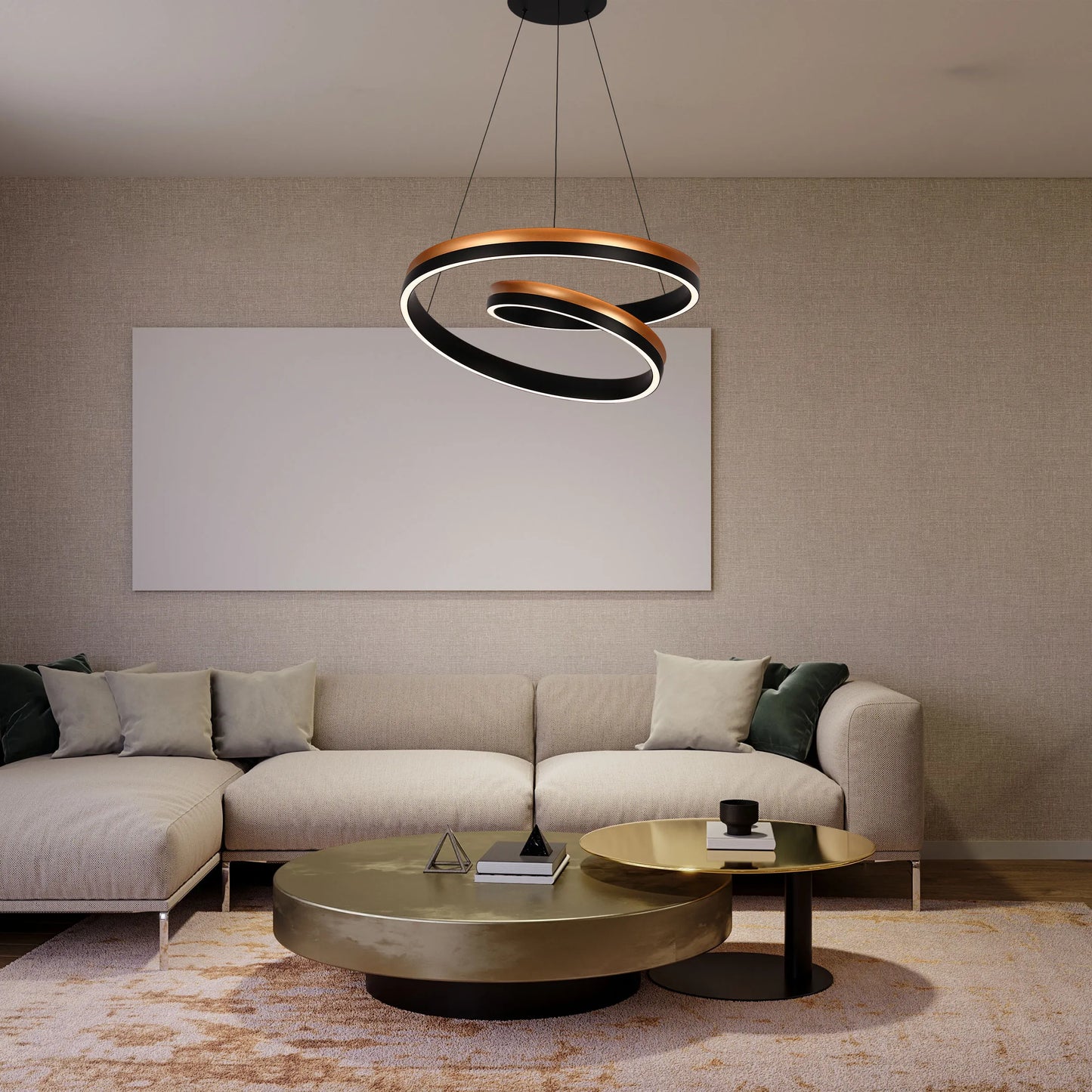 Modern, spiral LED pendant light in bronze and black. Statement lighting for a contemporary living space.