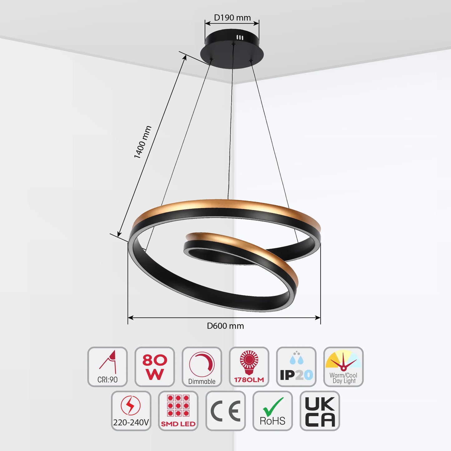Modern, spiral LED ceiling light in black and gold. Dimmable with warm/cool light options.