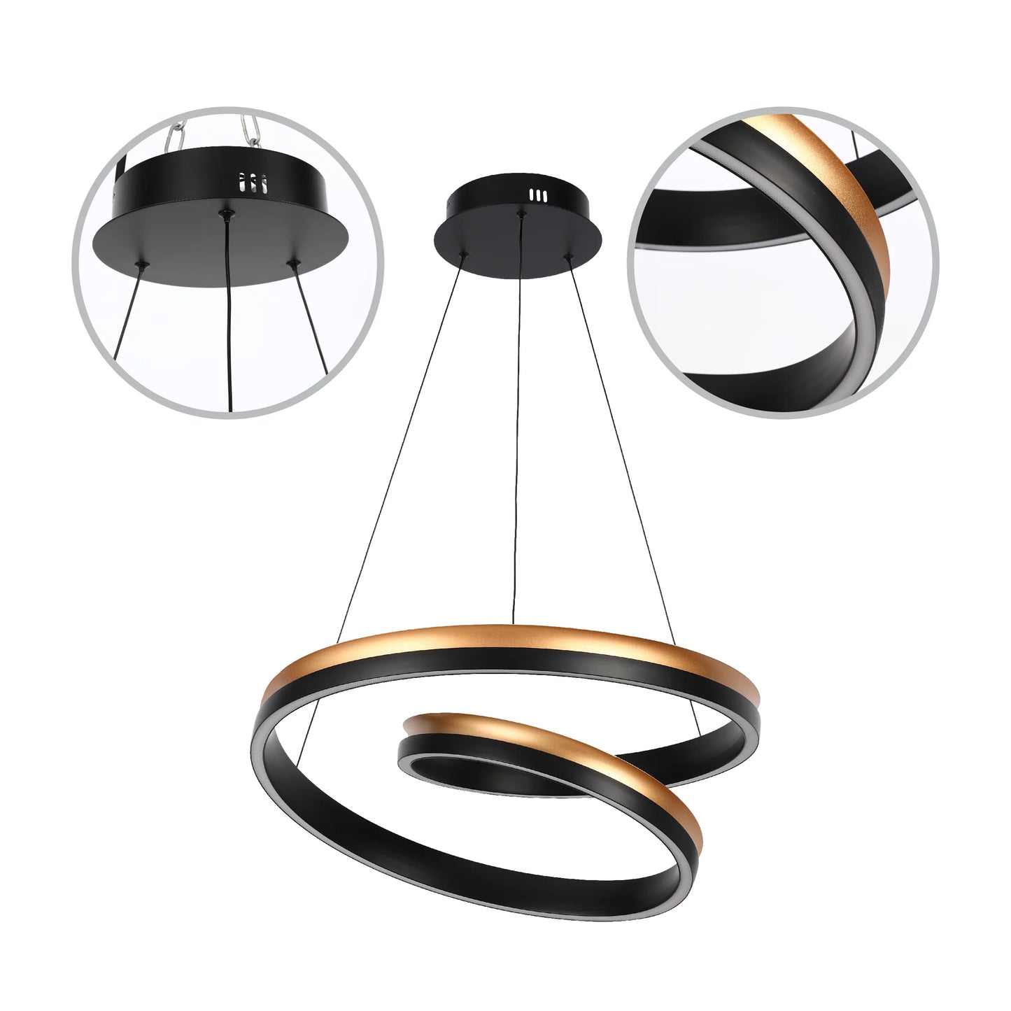 A striking black and bronze swirl LED pendant light, perfect for modern interiors. Provides ambient, energy-efficient lighting.