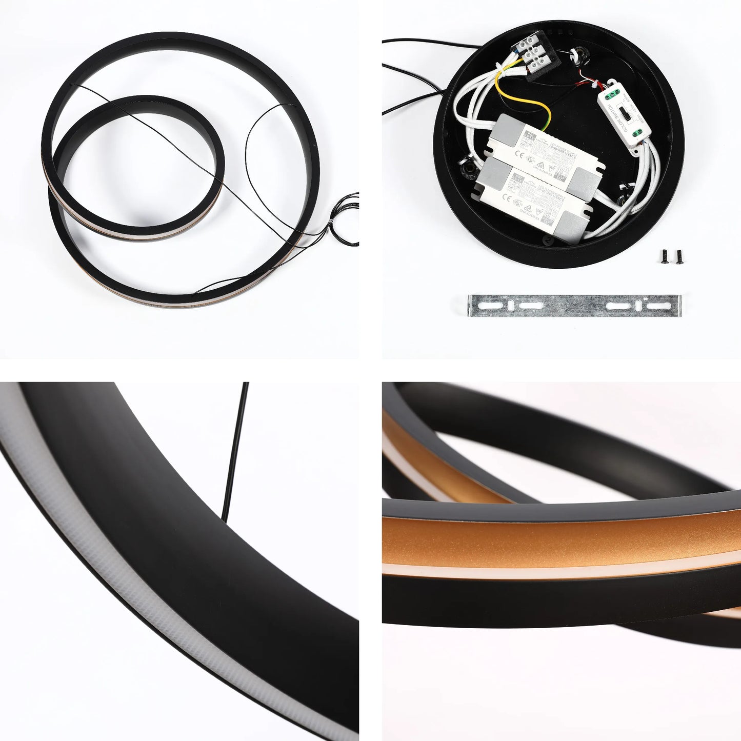 Modern LED ceiling light with black and gold rings. Adjustable colour temperature with a built-in colour switch.
