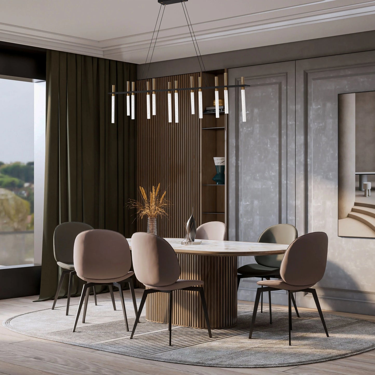 Contemporary dining room lighting featuring a linear chandelier with glass rods and gold accents above a dining table with seating.