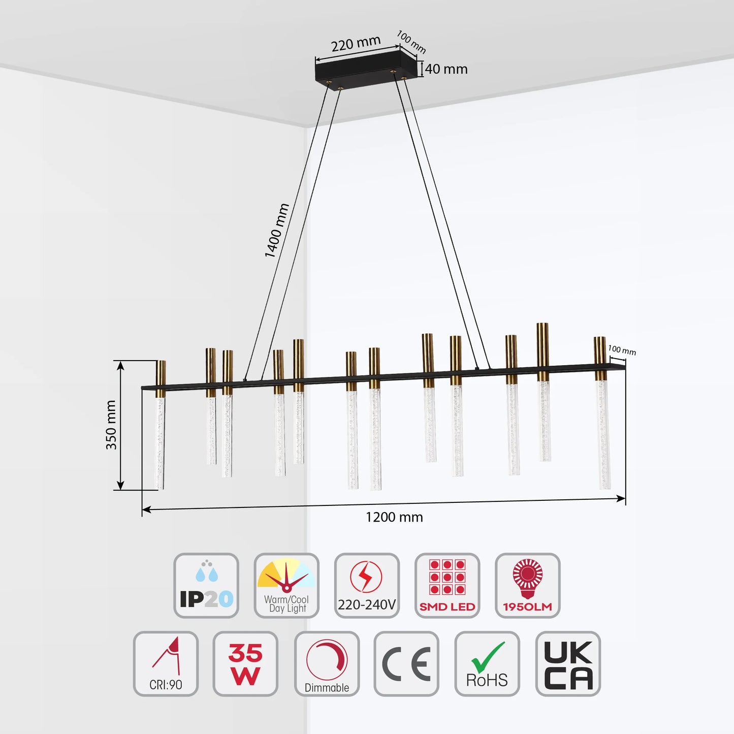 Contemporary LED chandelier, featuring black fixture, brass accents & crystal diffusers. Adjustable drop, ideal for modern living spaces.