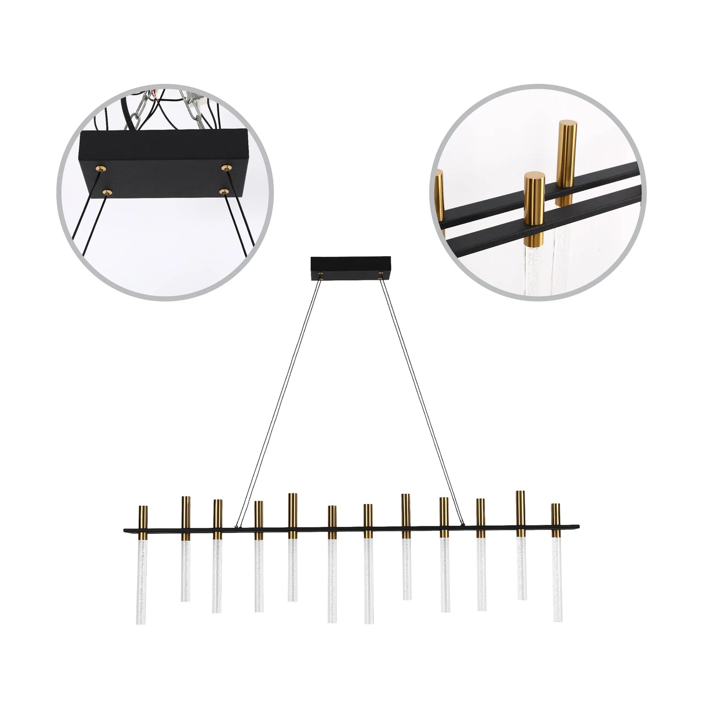 Modern linear chandelier with black bars, gold accents and clear bubble glass tube shades. Contemporary lighting fixture.