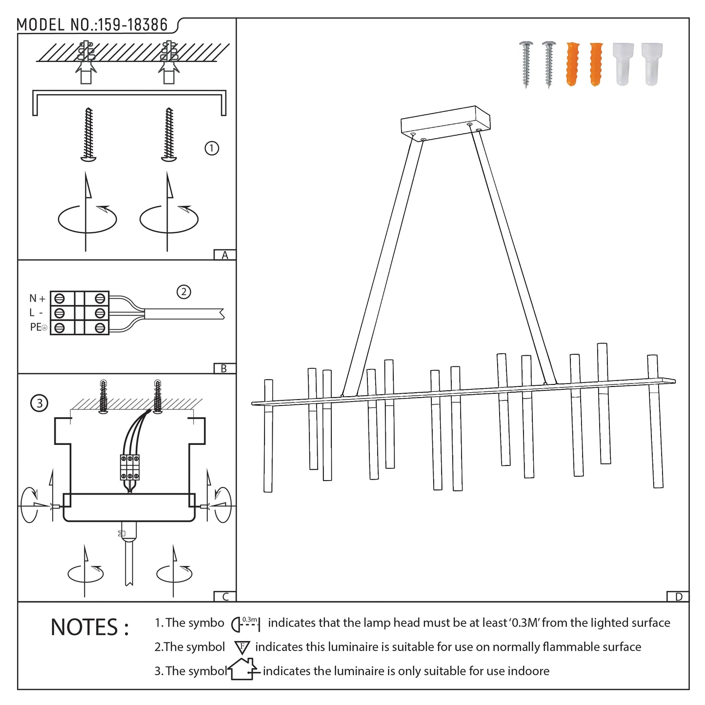 Technical line drawing of a hanging pendant light and all its fixings on a plain white background.