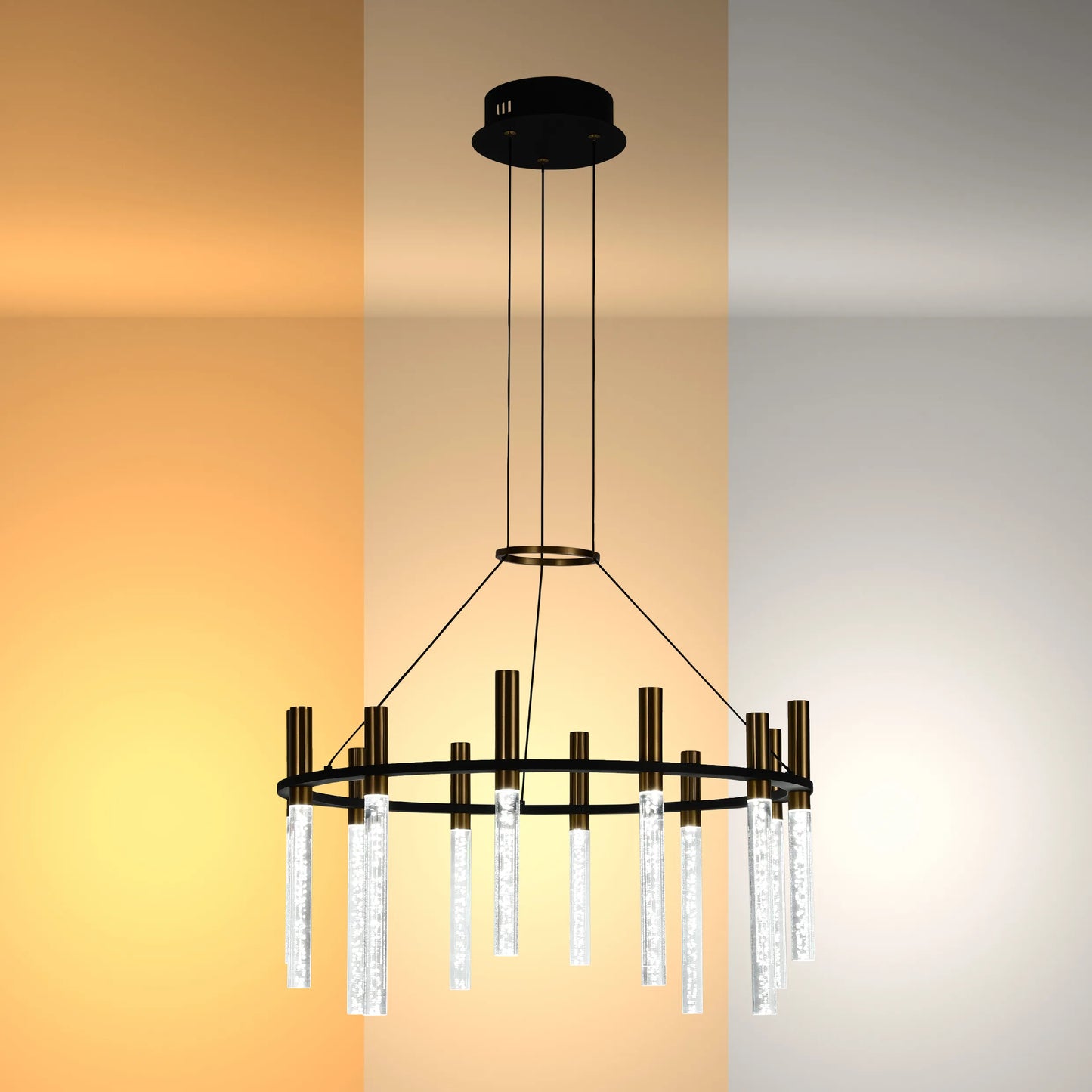 Stylish chandelier with bubble glass rods suspended from a bronze ring, perfect for adding a touch of modern elegance to any space.