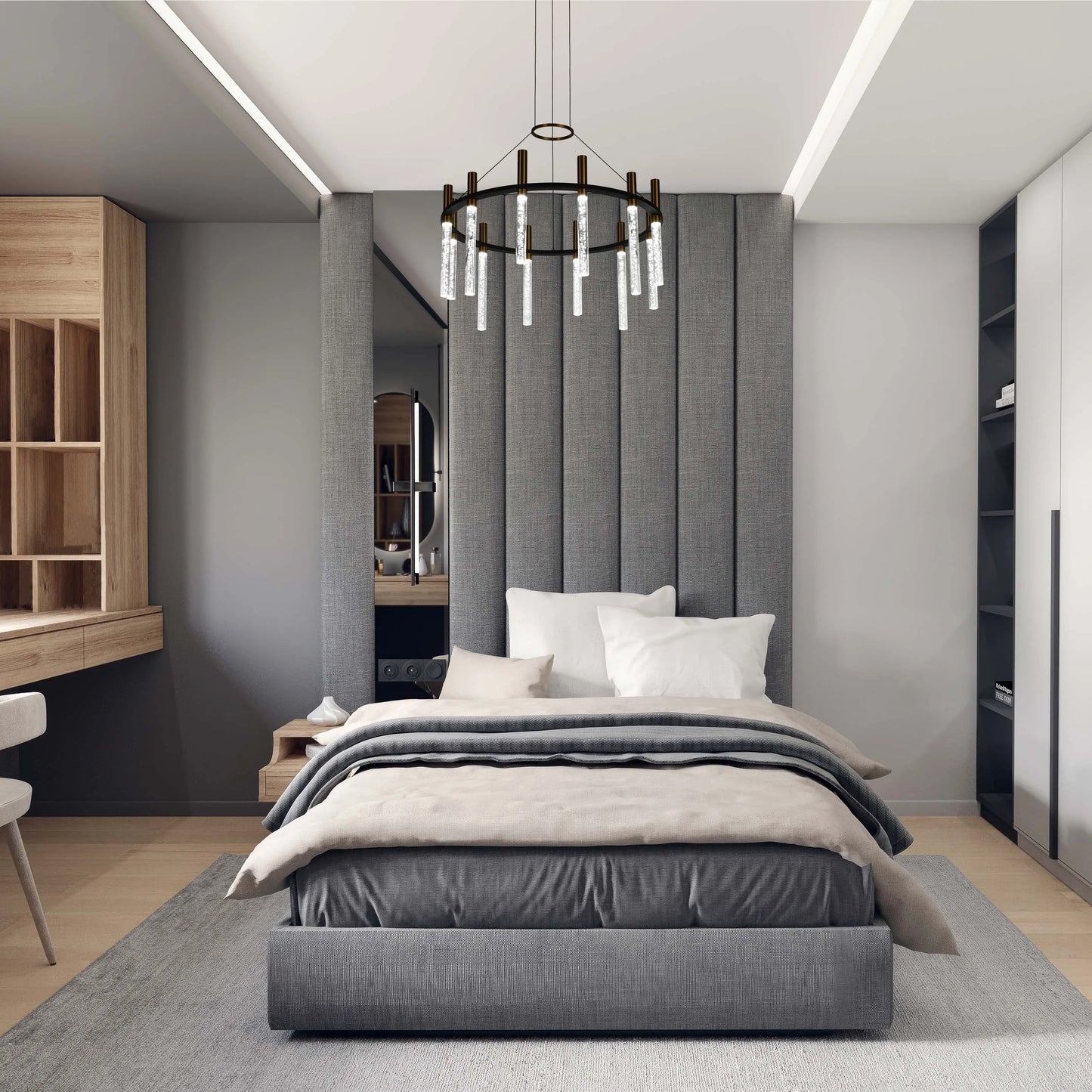 Modern bedroom lighting includes an eye-catching circular chandelier above the bed, with strip lighting on the ceiling.