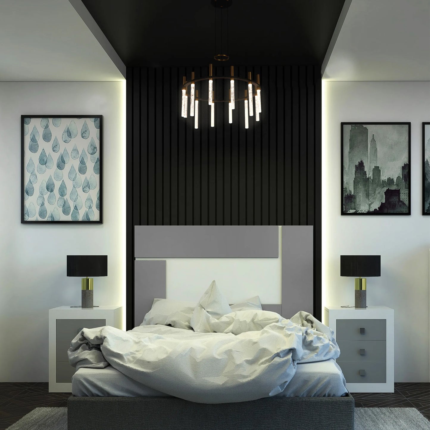 Contemporary bedroom lighting: a striking circular chandelier and ambient strip lights create a relaxing, modern space.