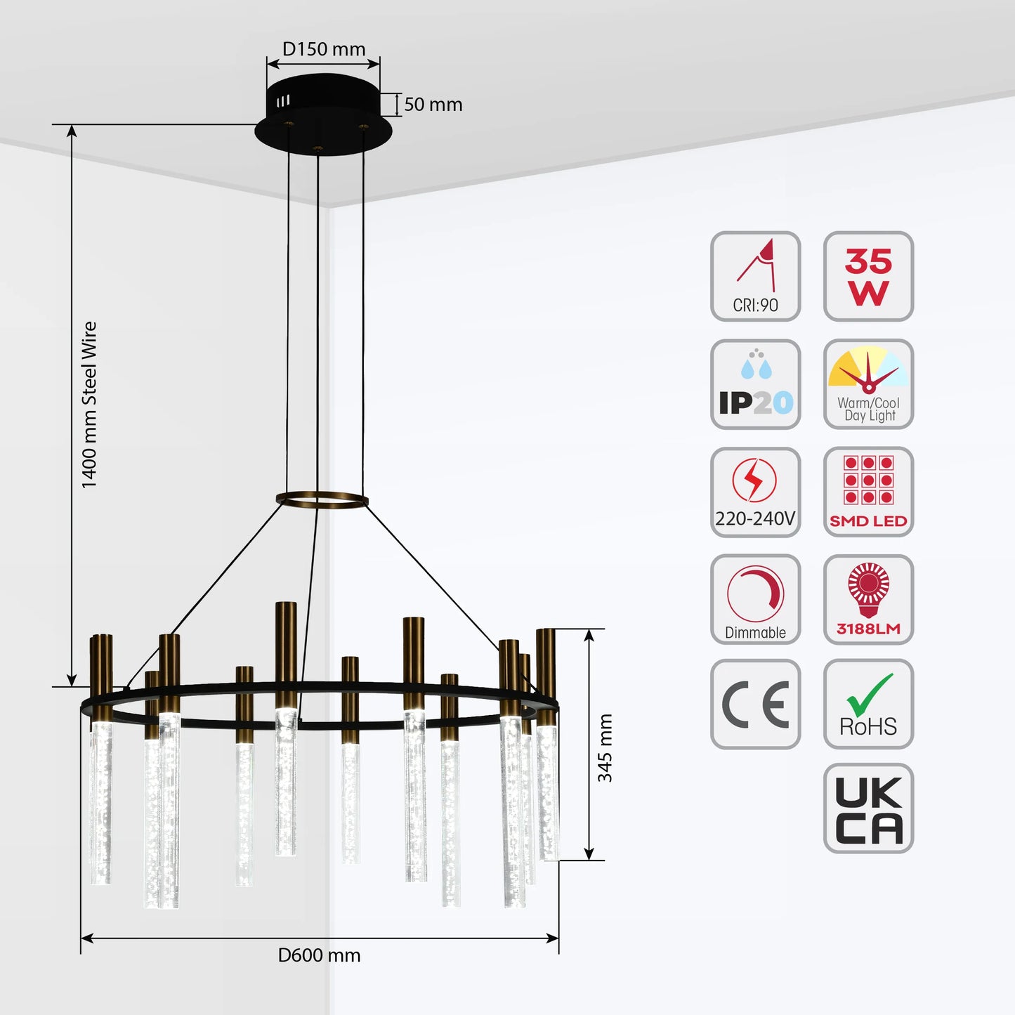 Modern LED chandelier with crystal-effect shades, suspended by steel wires. Dimmable, energy-efficient lighting with a CRI of 90.