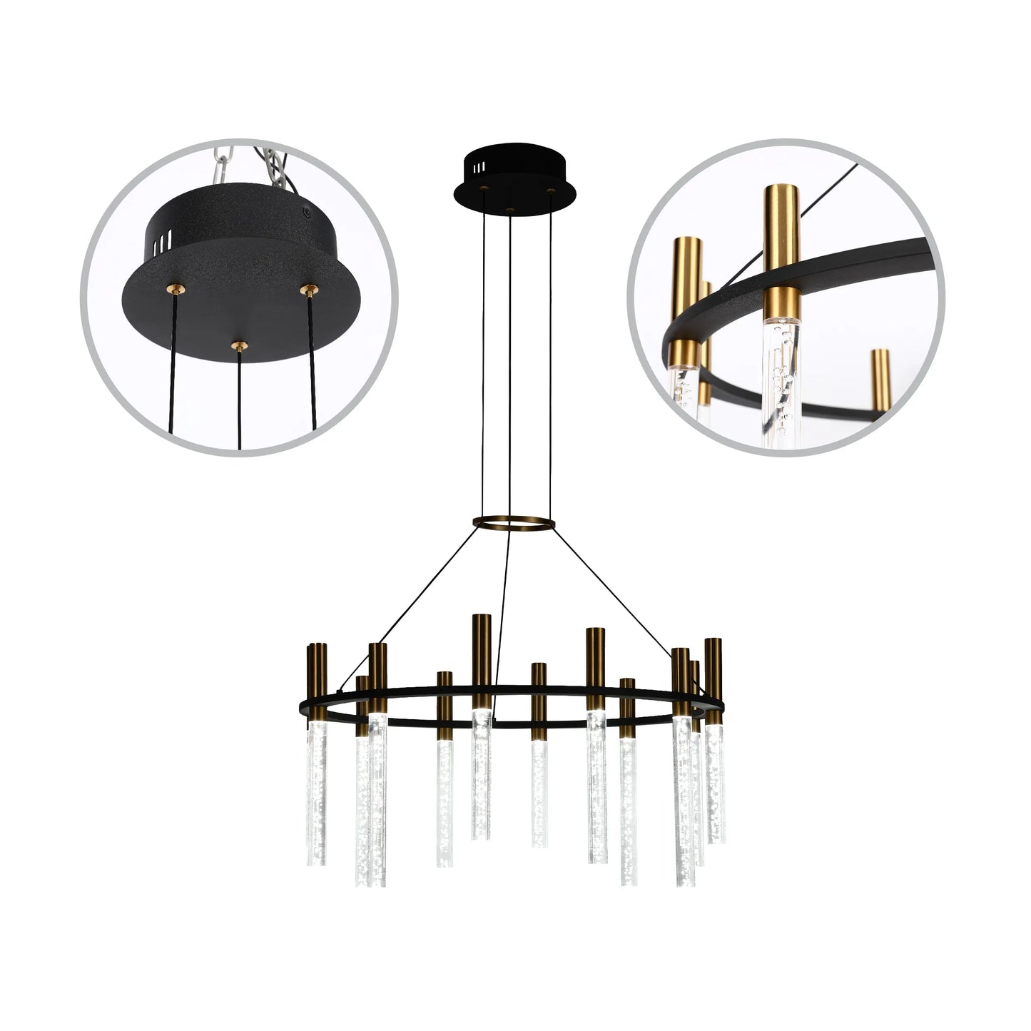 Contemporary ring chandelier with gold accents and clear glass rods. Statement lighting for modern interiors.