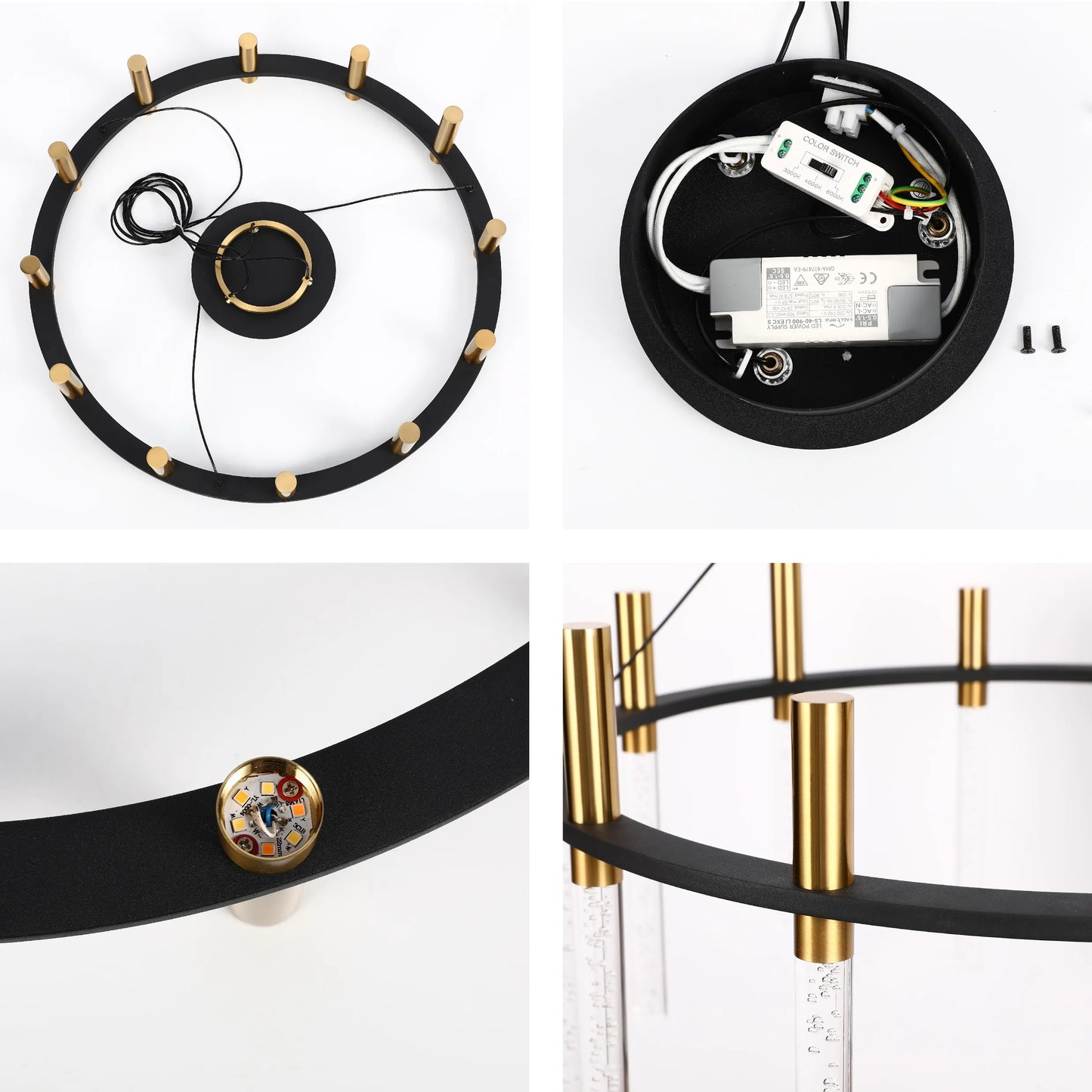 A modern ring chandelier with brass accents and LED lights. Features a colour temperature switch.