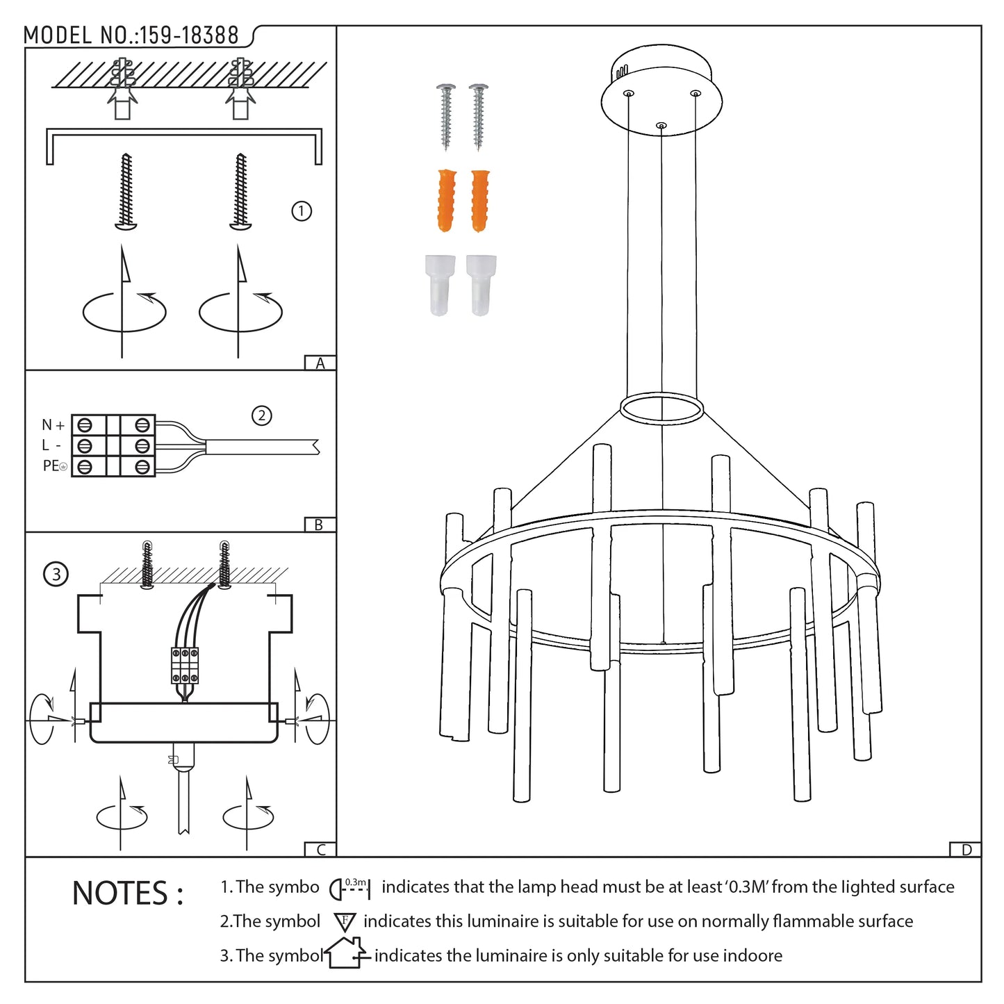 A line drawing displaying the parts and instructions for assembling a ceiling light fixture.