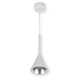 Modern, white pendant light with a cone-shaped shade and a subtle lightbulb.