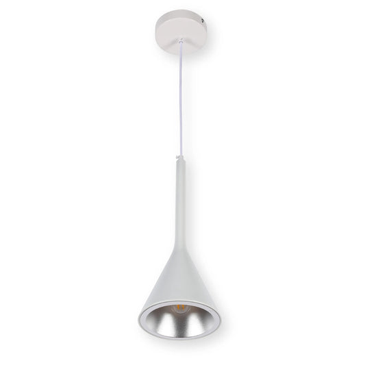 Modern, white pendant light with a cone-shaped shade and a subtle lightbulb.
