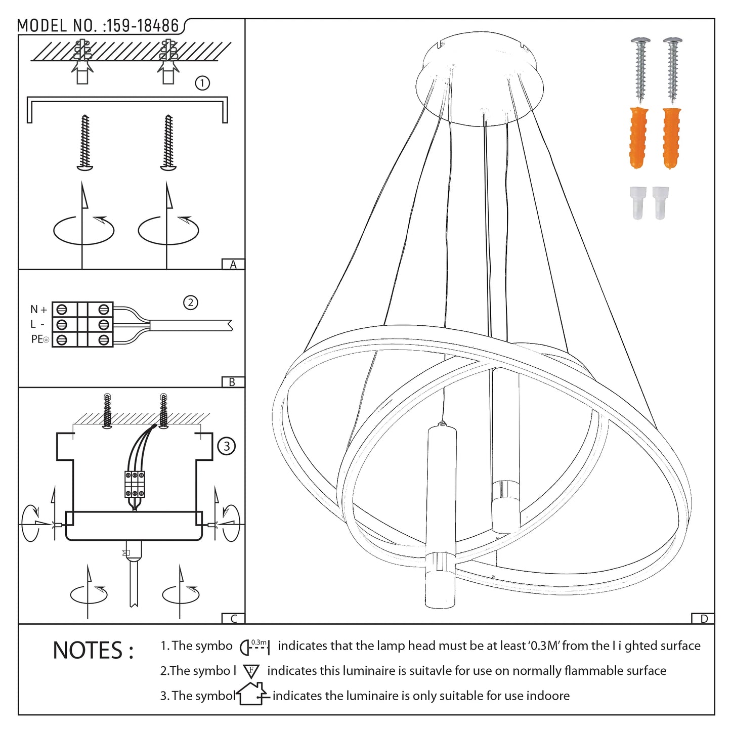 A contemporary chandelier featuring intertwining rings and a sleek, cylindrical light source. Installation guide included.