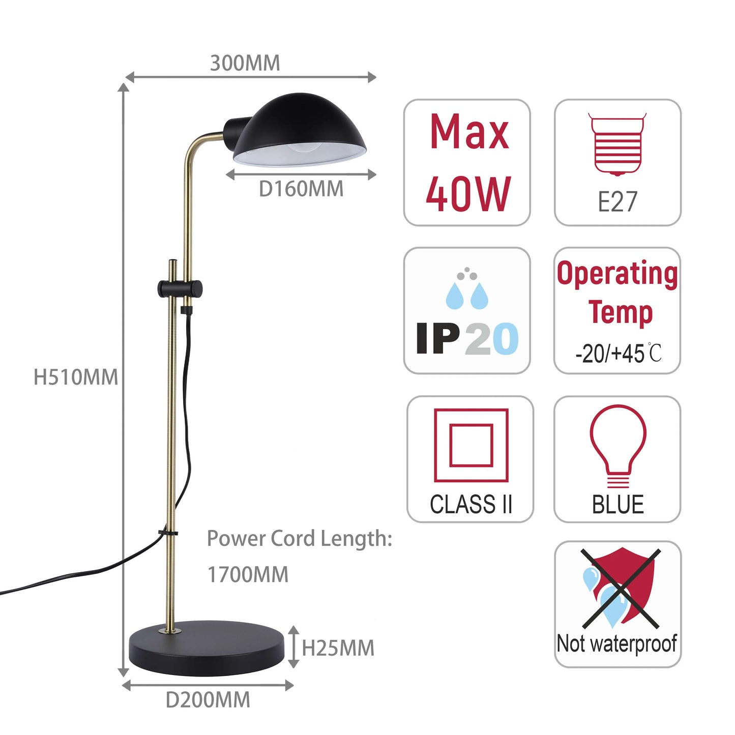 A stylish desk lamp with a matte black shade, standing 510mm tall with a 300mm reach. It uses an E27 bulb, max 40W.
