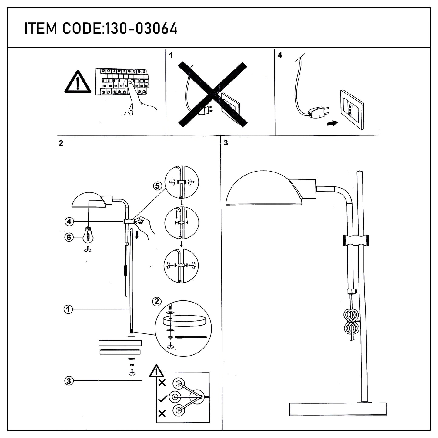 A line drawing depicting the steps to assemble a lamp and warnings. The text at the top says, 'ITEM CODE:130-03064'.