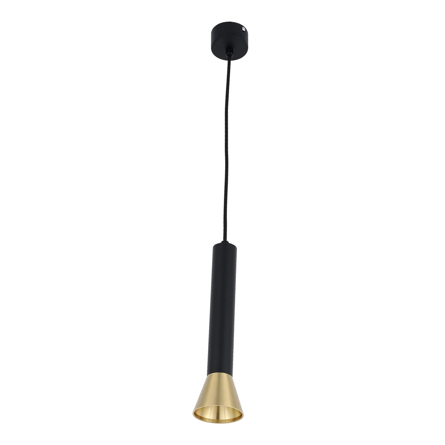 A sleek, modern pendant light with black and gold accents, suspended from a black cable and ceiling rose.