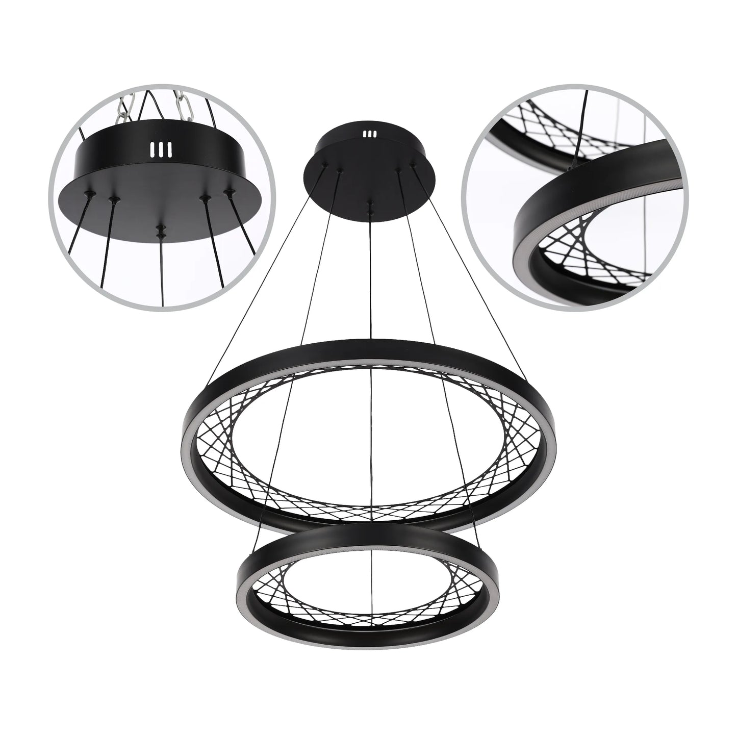 A contemporary two-ring LED pendant light, with a black finish and open, webbed centre.