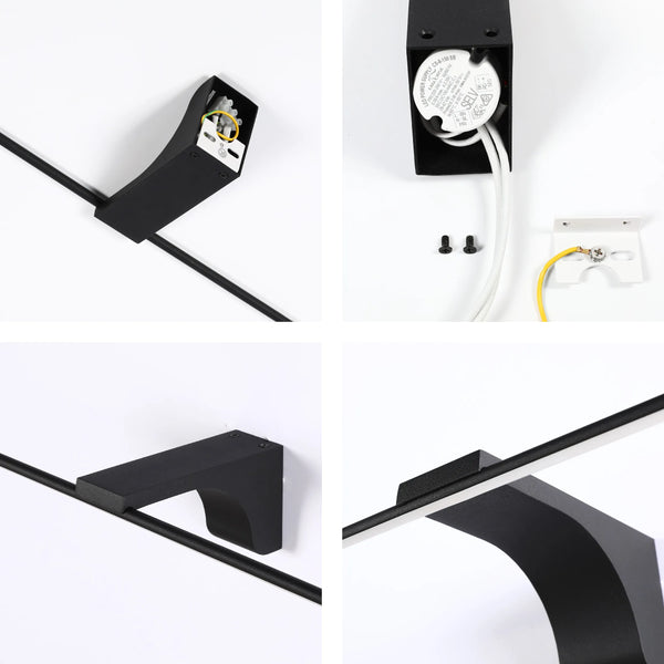 Modern, matte black lighting fixture with a linear design. Installation hardware is visible.
